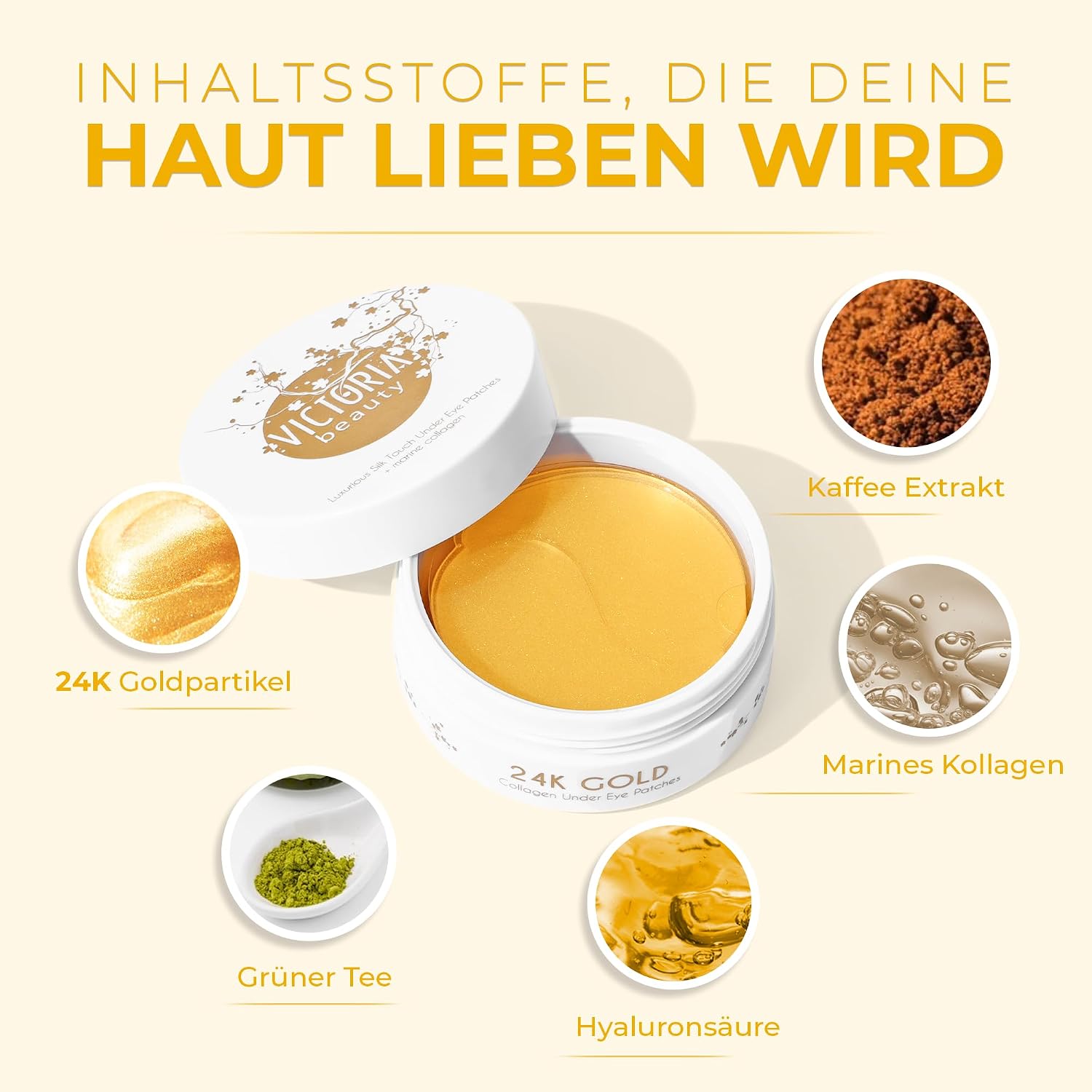 Detalle de Victoria Beauty 60 Pads Kollagen Augenpads – 24K Gold, kühlend, anti-aging