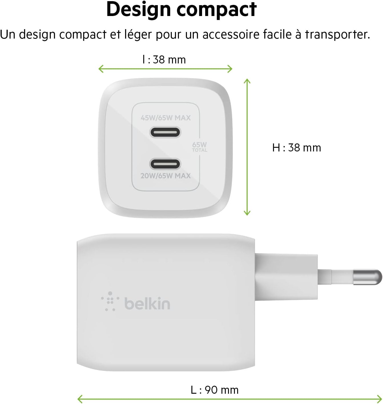 Thumbnail 4 de Belkin chargeur secteur double port USB‑C 65 W GaN (Power Delivery 3.0, câble USB‑C vers USB‑C inclus)