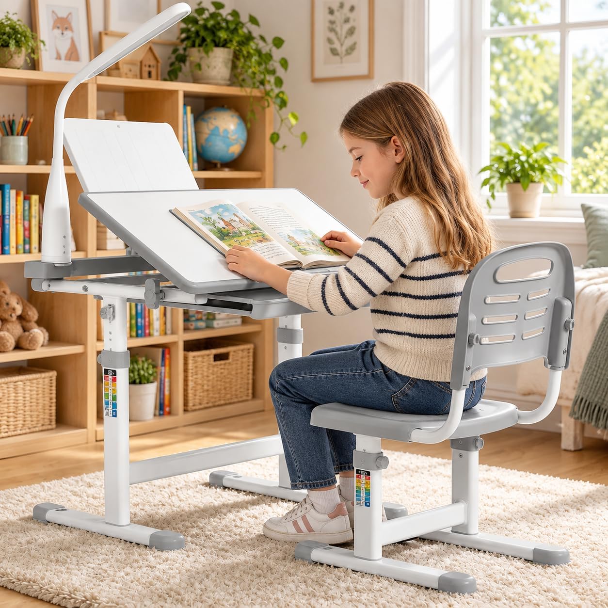 Detalle de MAMIZO Gris Height-Adjustable Children's Desk and Chair Set with Lamp, Grey
