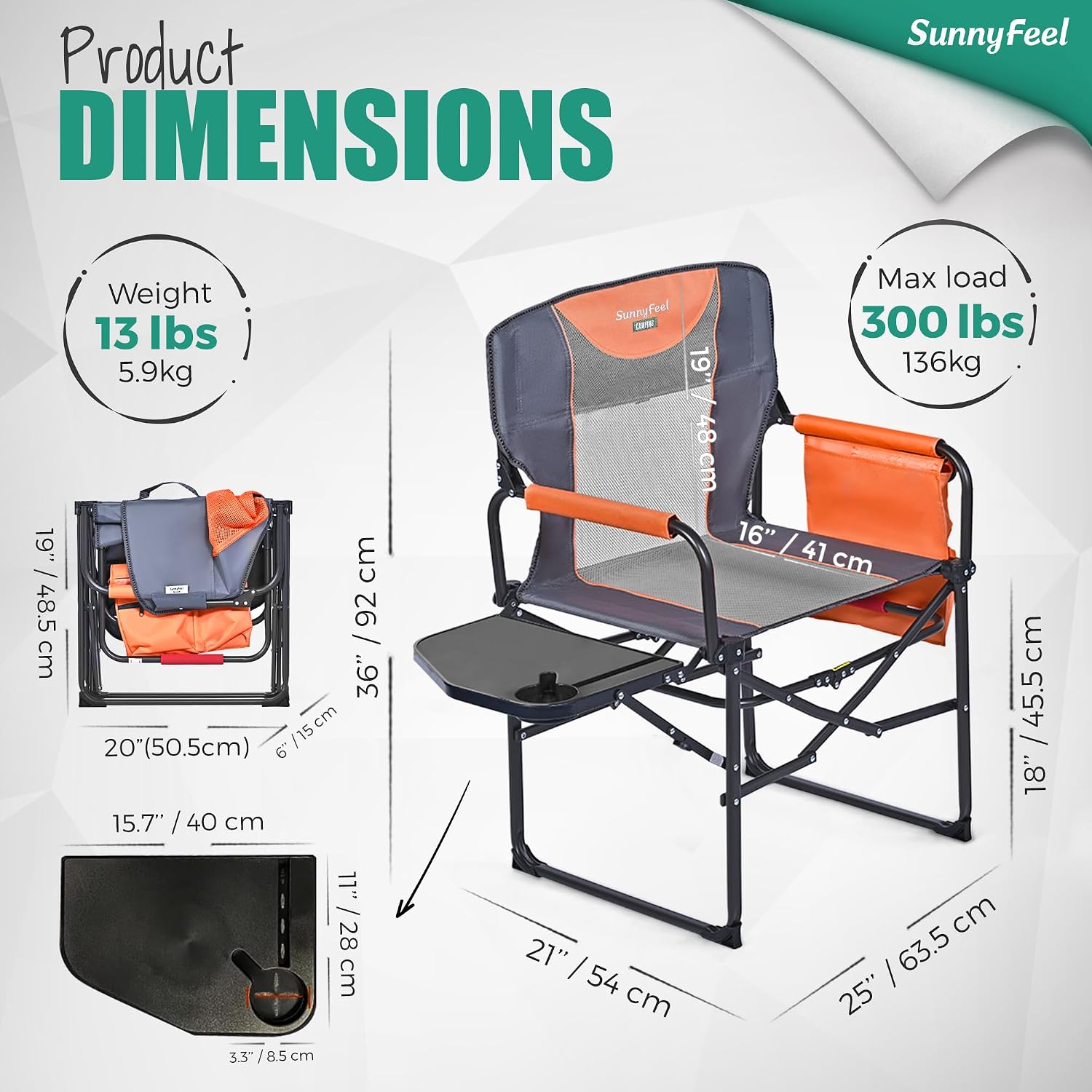 Detalle 2 de SUNNYFEEL AC3008F Oversized Camping Director’s Chair with Side Table