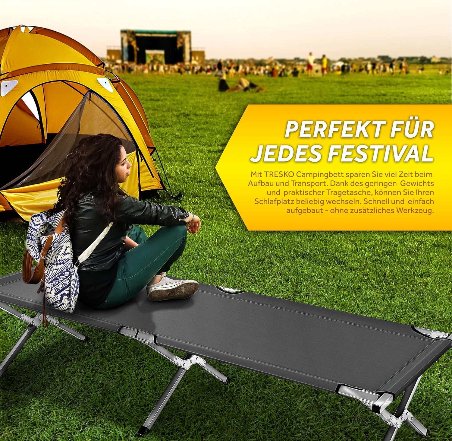 Detalle de TRESKO XXL Lit de Camp Pliant pour Le Camping – 210 x 90 x 42 cm, tubes métalliques, charge 150 kg, gris