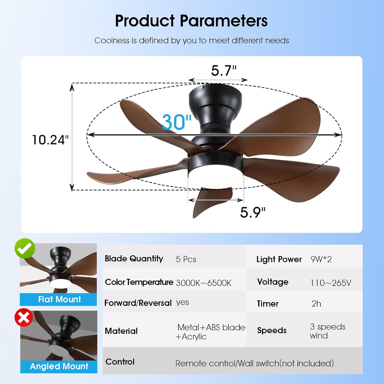 Detalle de Kviflon 8922 30-Inch Ceiling Fan with Light, Remote, 5 Blades