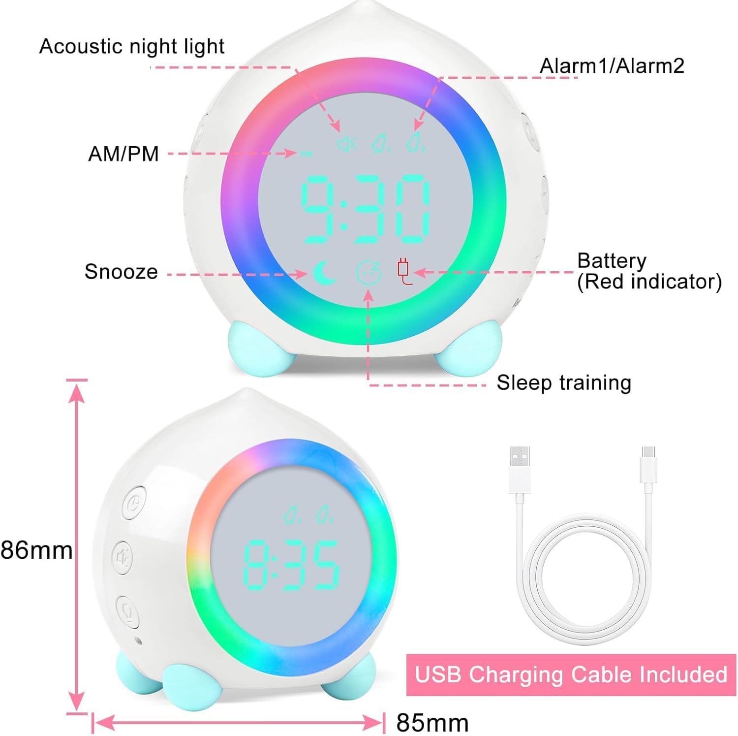 Thumbnail 5 de Ayybboo Réveil Lumineux pour Enfants — Horloge LED avec veilleuse, alarmes personnalisables et USB rechargeable