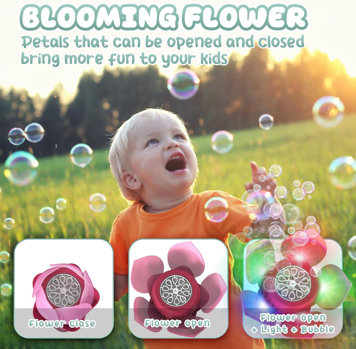 Detalle de PANACARE Blumen Seifenblasenstab – Elektrische Seifenblasenmaschine für Kinder (Pink)