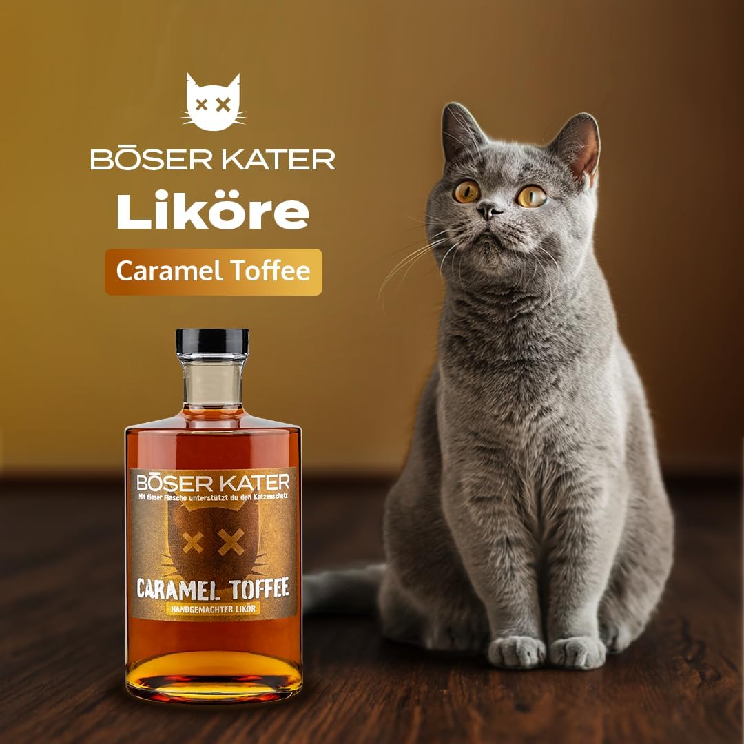 Detalle de BÖSER KATER Caramel Toffee Likör Geschenkset (0,5 l, 20 % Vol.) mit 2 Gläsern