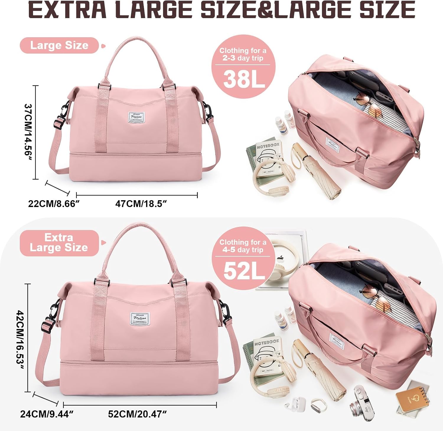 Thumbnail 1 de N3-Rosa Groß Reisetasche Damen Handgepäck Weekender Bag mit Schuhfach, Nassfach und Trolley-Hülle (50 l)