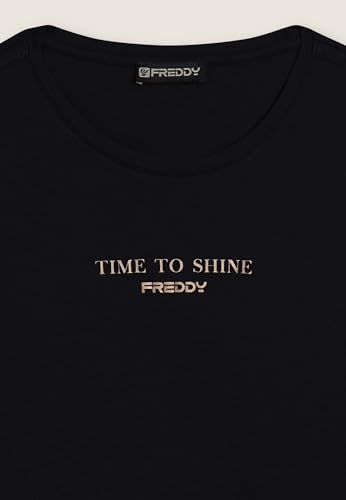 Detalle 1 de FREDDY T-Shirt Donna ML Regular con Banda Logata Jacquard Spalle e Grafica Time to Shine