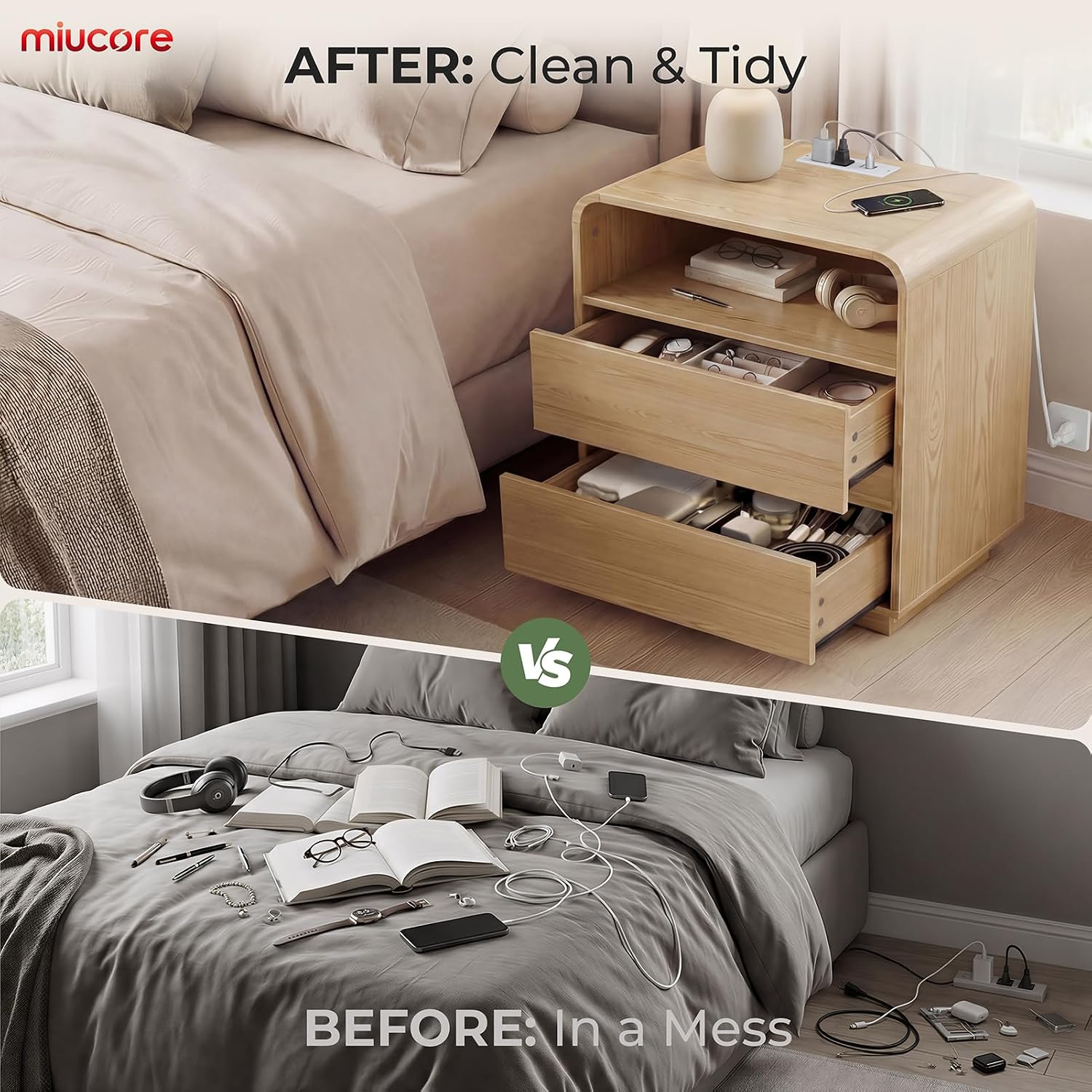 Detalle 1 de Miucore FN-NS002 Natural Oak Nightstand with Charging Station and 2 Drawers