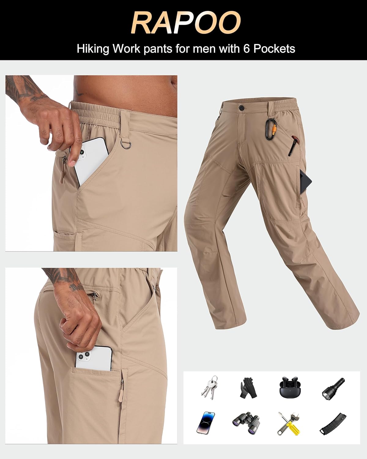 Thumbnail 5 de Rapoo Men's Hiking Pants: Lightweight, Water-Resistant Nylon Cargo with 6 Pockets