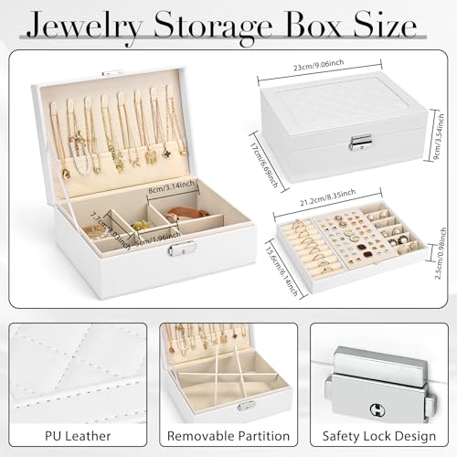 Detalle de Yarmiene Joyero Mujer Organizador de Dos Niveles en Cuero PU, 23x17x9 cm – Blanco Perla