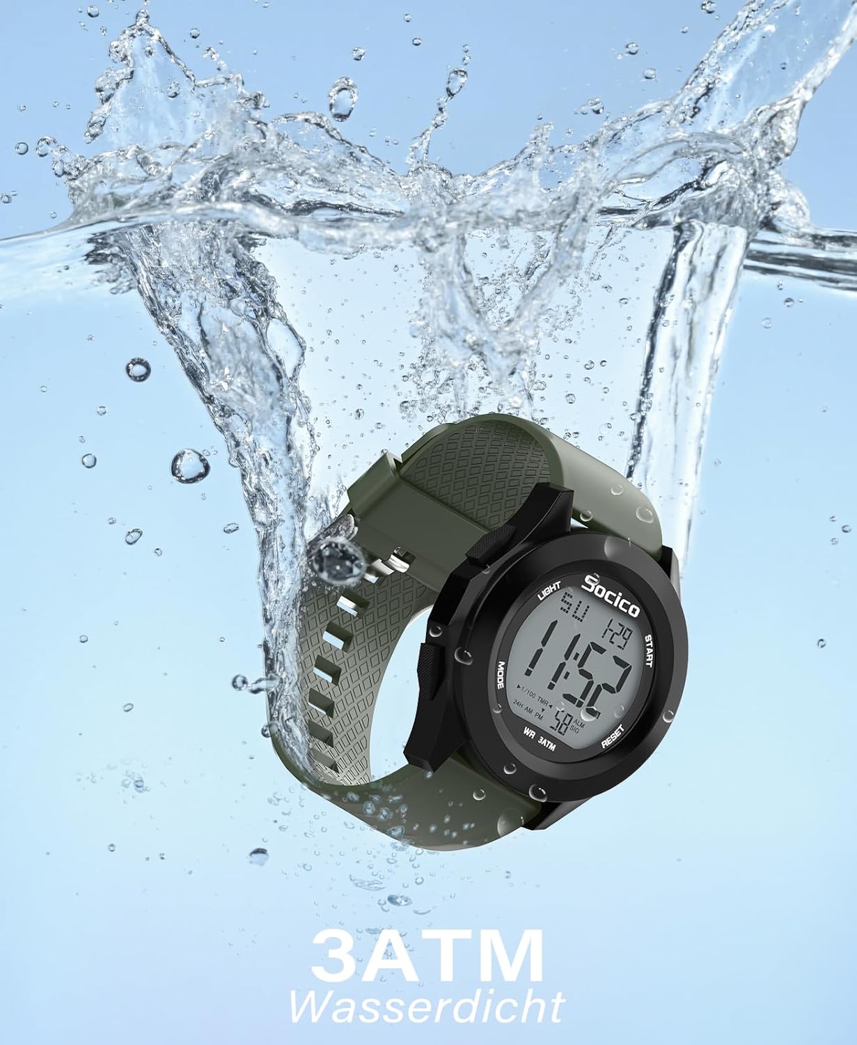 Thumbnail 5 de SOCICO Herren Digitaluhr Sport wasserdicht Outdoor mit Stoppuhr, Alarm und Datumsanzeige