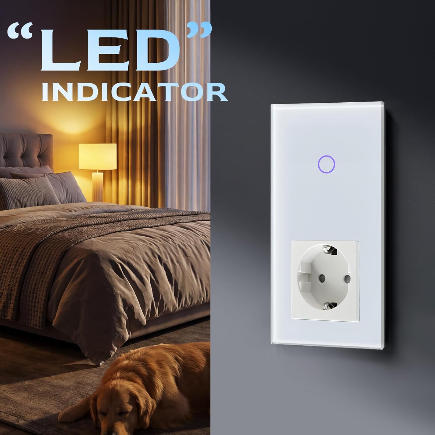 Thumbnail 4 de BSEED Touch Lichtschalter mit Steckdose (1-fach, 1-Weg) Unterputz, mit LED-Anzeige, Glasrahmen, weiß