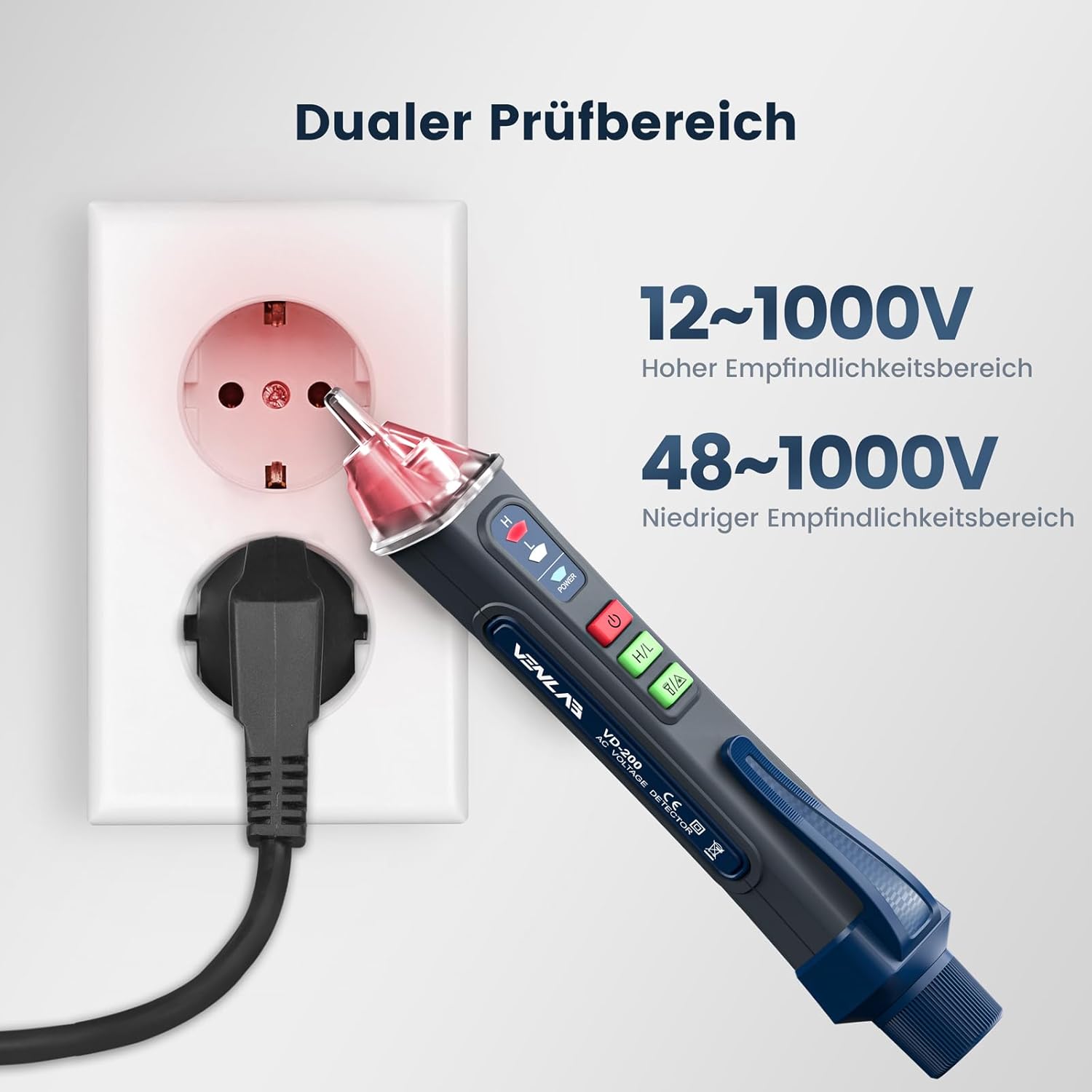 Thumbnail 1 de Berührungsloser Spannungsprüfer VD200 (AC) mit Buzzer, Taschenlampe & Leitungsdetektion – für Schalterdose, Schaltschrank & Leitungssuche