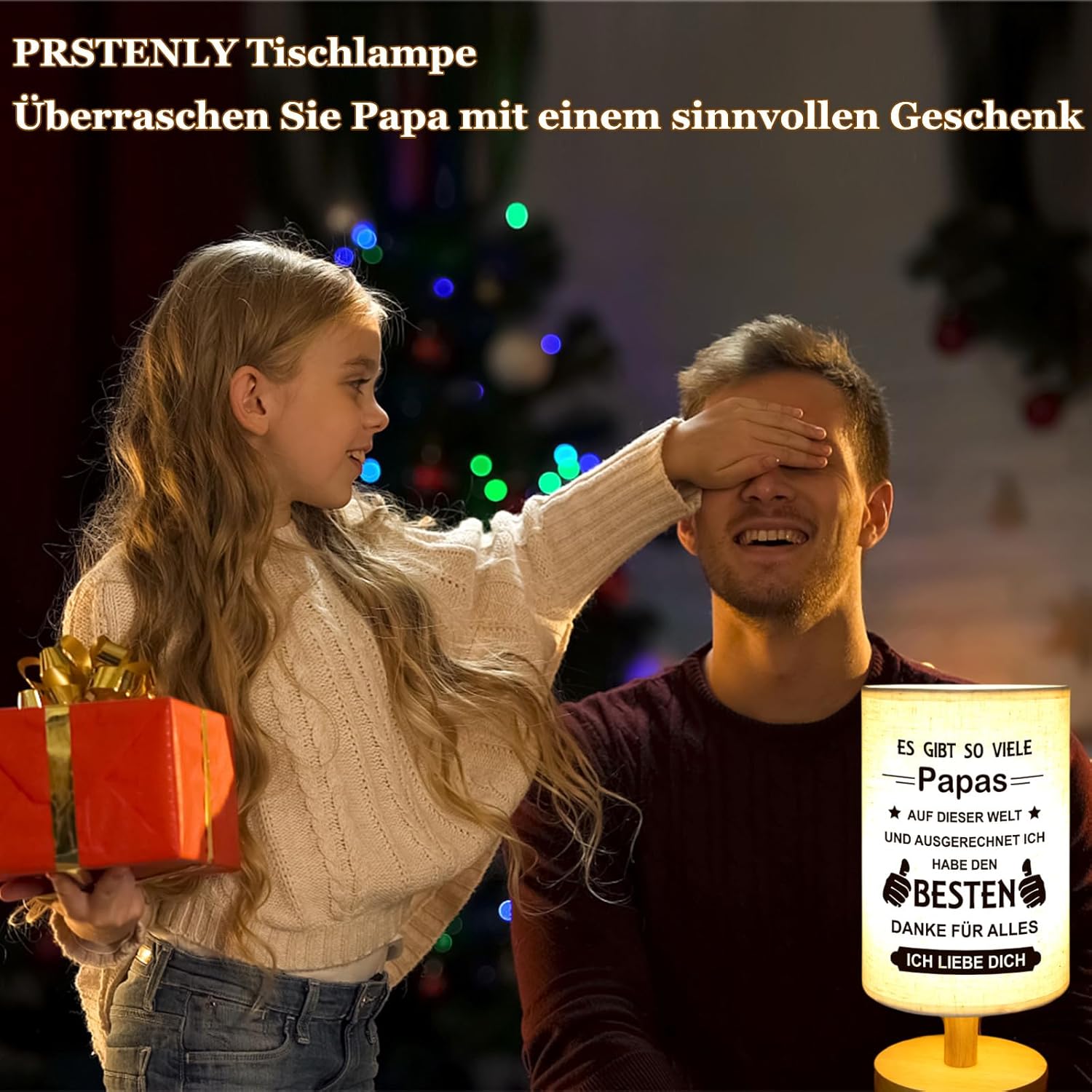 Thumbnail 5 de PRSTENLY Vatertagsgeschenke für Papa – Tischlampe mit warmem Text, USB-Unterstützung und Holzsockel