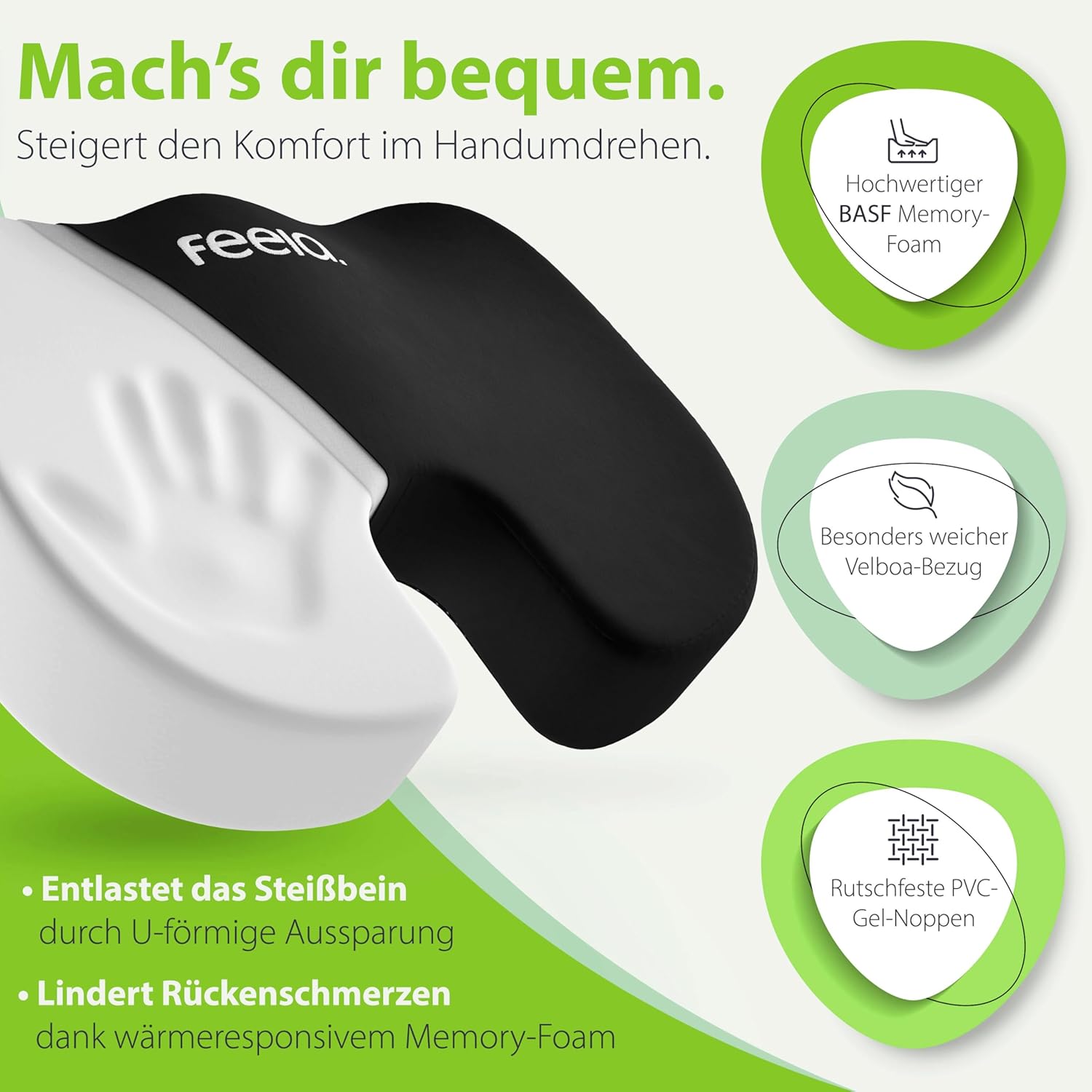 Detalle 2 de feela. Orthopädisches Sitzkissen Medium – Ergonomie für Stuhl und Auto