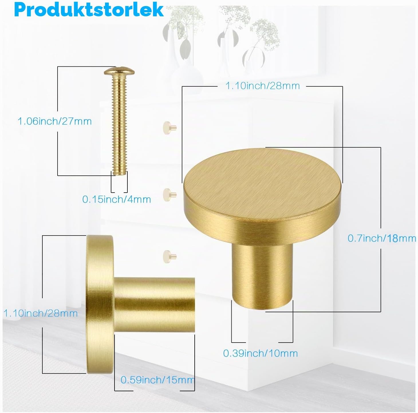Detalle 2 de JIZZU runda möbelknoppar i massiv mässing, guldfärgade, 28 mm, 4-pack