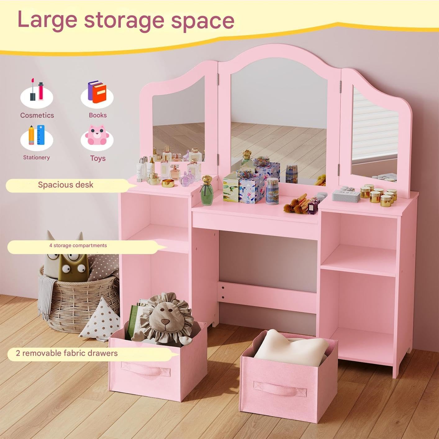 Detalle de Clevich Kids Vanity Table and Chair Set 2-in-1 | Pink, with Removable Mirror & Stool