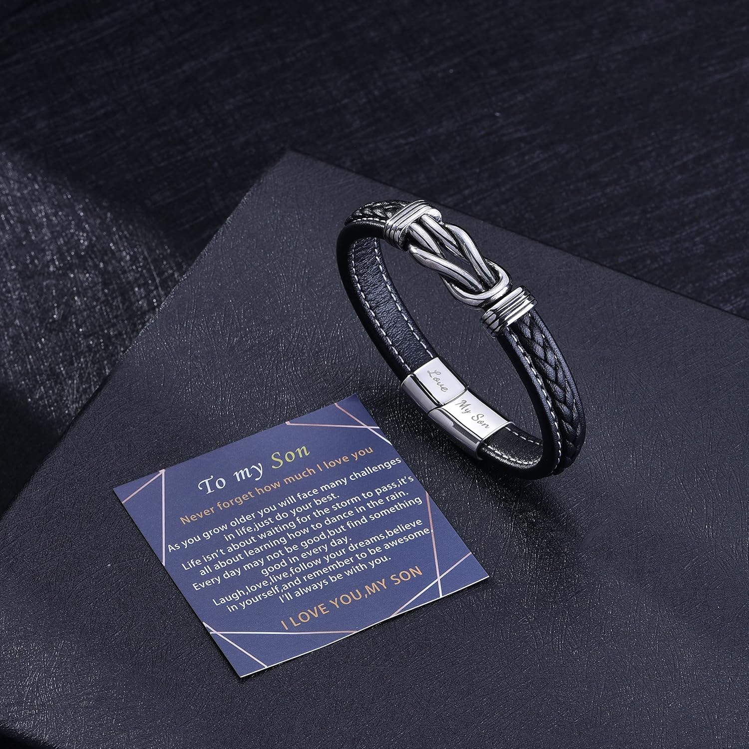 Thumbnail 1 de To My Son Leather Bracelet with “Love My Son” Engraving and Stainless Steel Clasp – braided gift for men