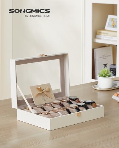 Detalle de SONGMICS JWB120W01: Caja de Relojes con 12 Compartimentos y Tapa de Cristal en Cuero Sintético Blanco Nube