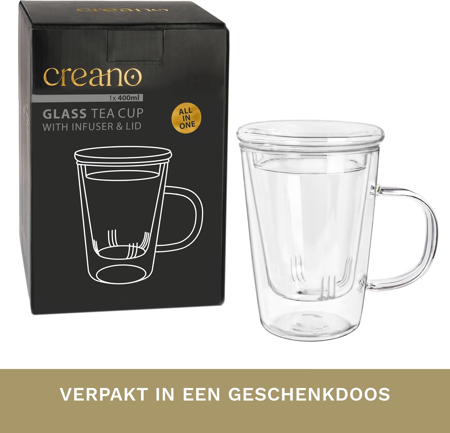Detalle 1 de Creano 681 all-in-one-theeglas 400 ml van borosilicaatglas met glazen filter