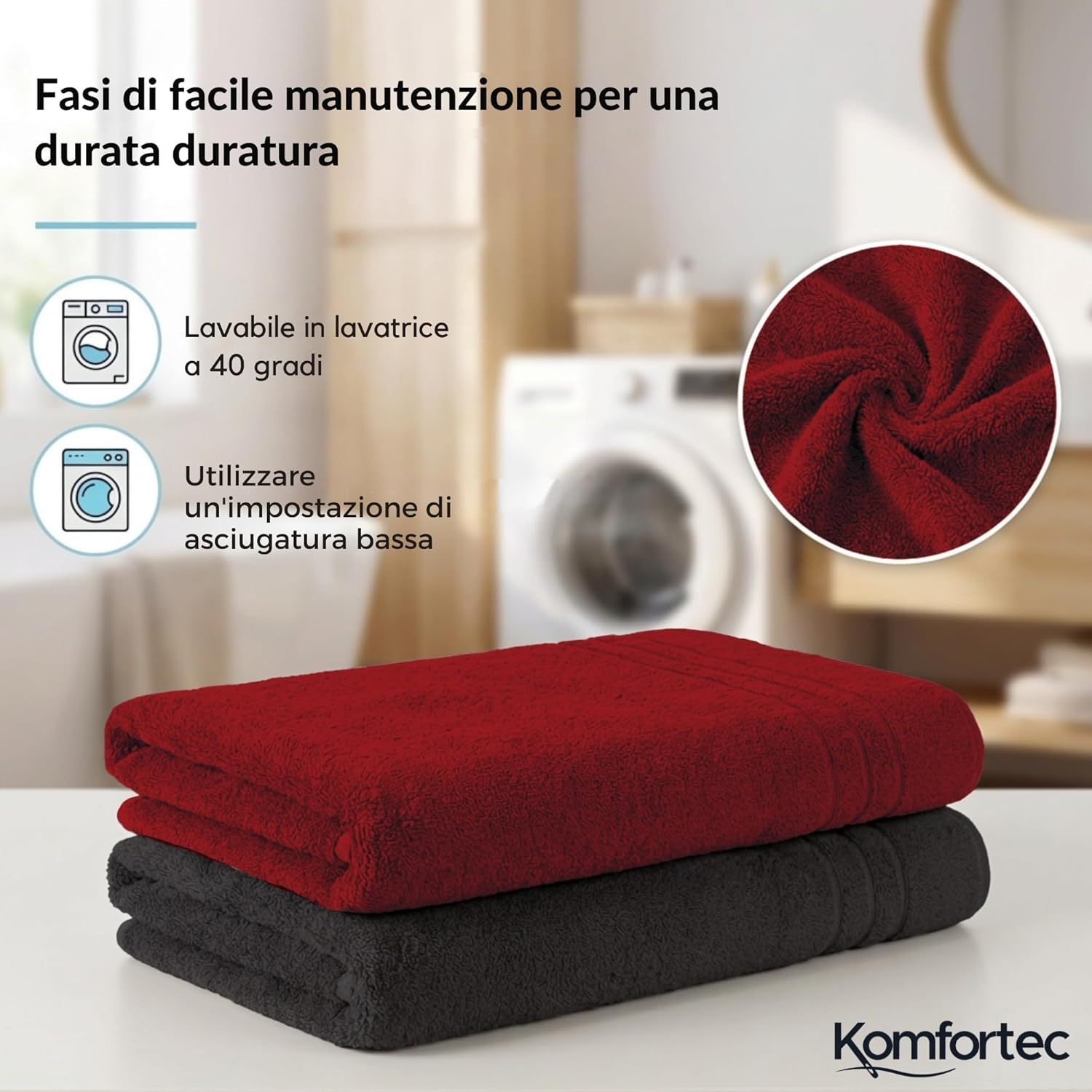 Detalle de Komfortec Asciugamani da bagno Jumbo 80x200 cm neri, 100% cotone – confezione da 2 pezzi