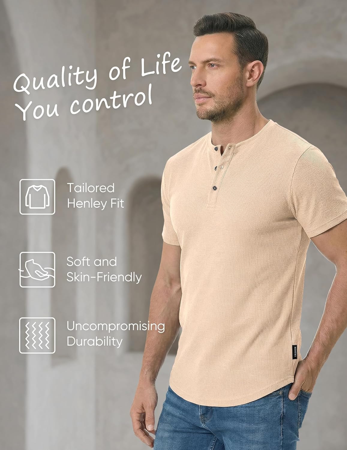 Thumbnail 4 de JMIERR Men's Muscle Slim Henley Shirts — Crewneck Longline Tee for Gym & Everyday