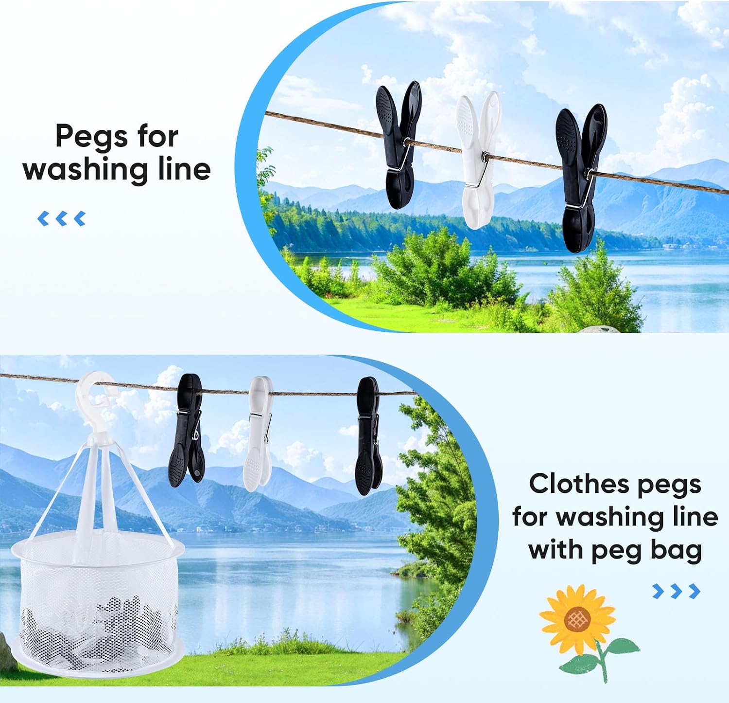 Thumbnail 4 de 60 PCS Clothes Pegs for Washing Line with Bag – Black & White Plastic Laundry Clips with Windproof Design