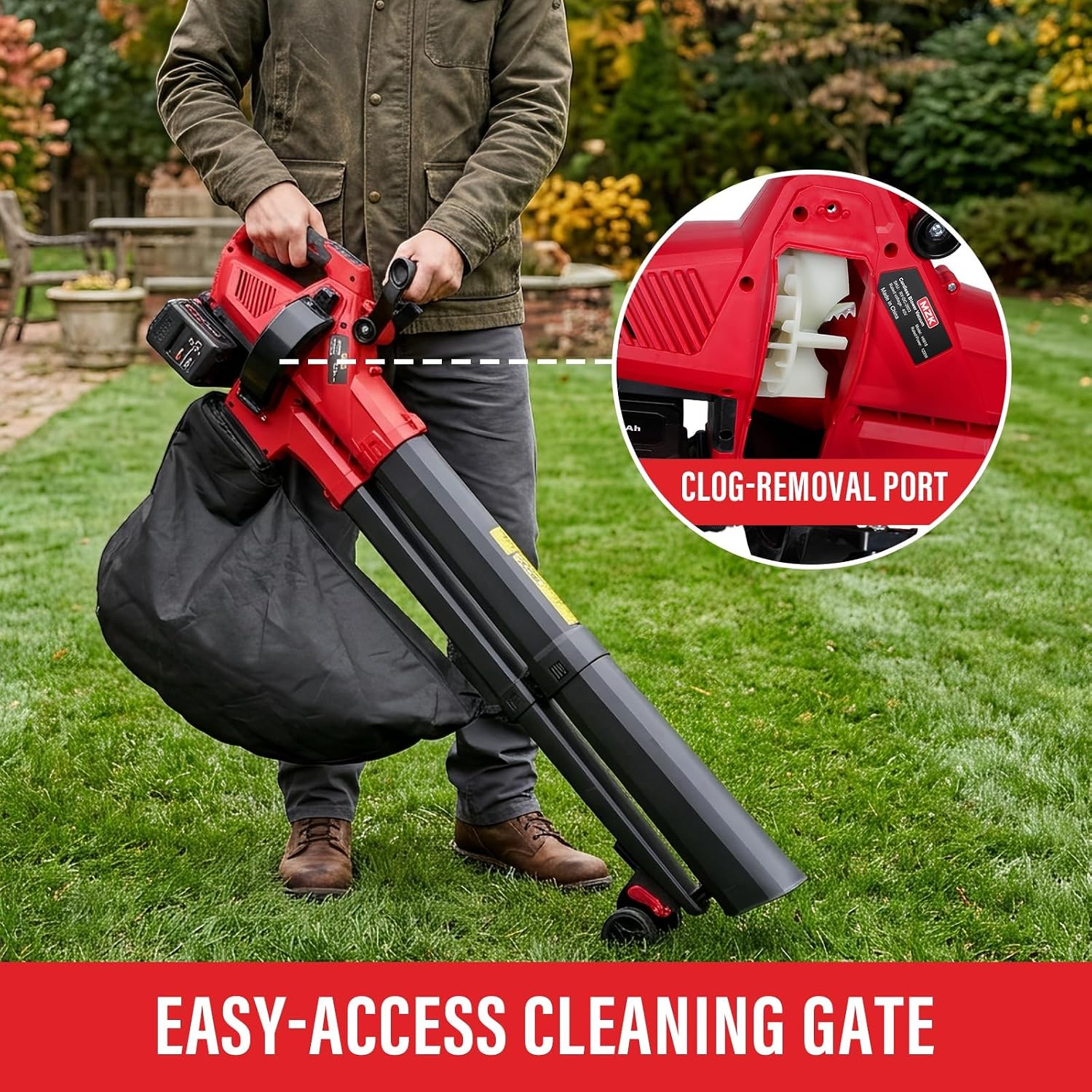 Detalle de MZK H6618 40V Leaf Vacuum Mulcher, 700 CFM Cordless 3-in-1 Blower