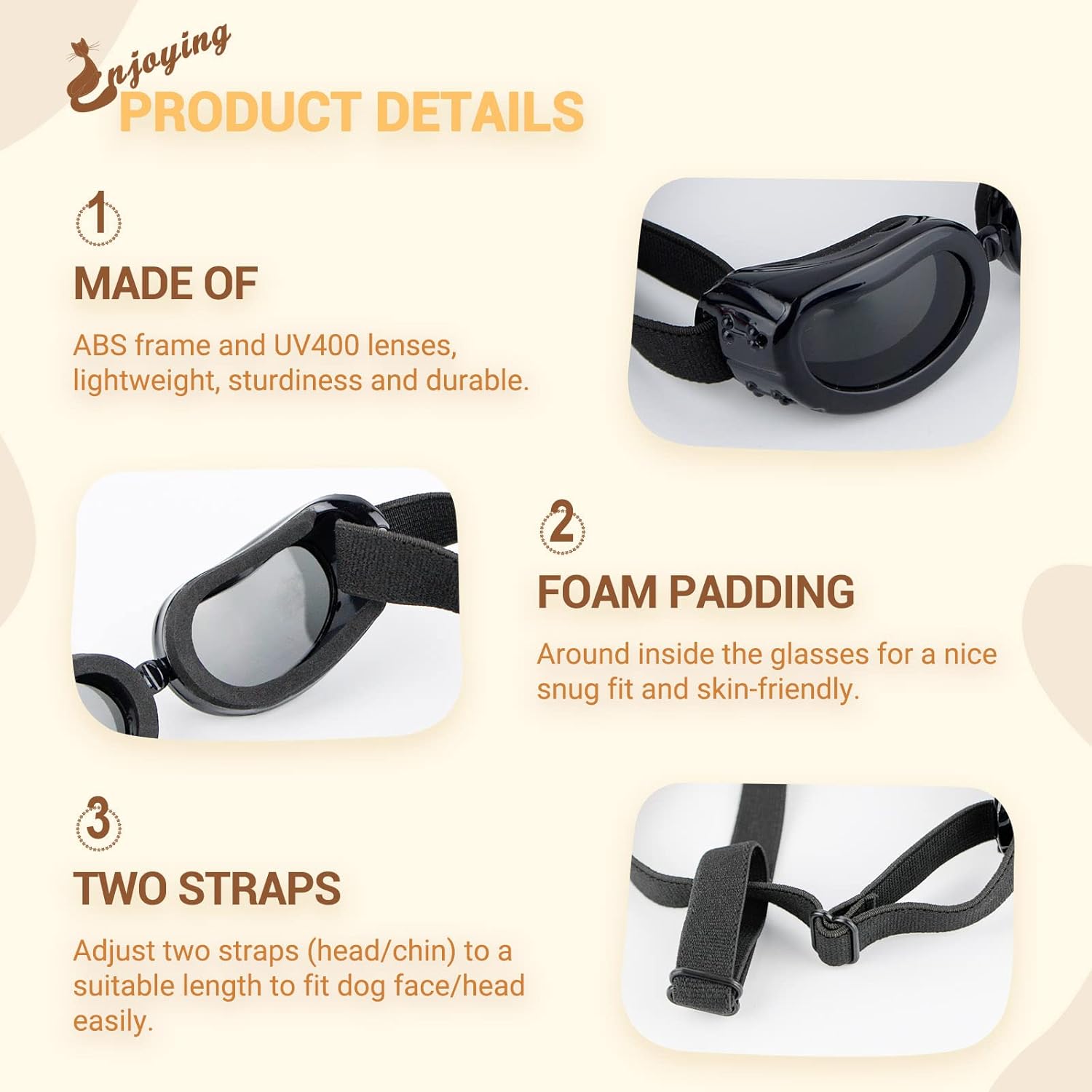 Thumbnail 3 de Enjoying Dog Goggles for Small Dogs – UV Protection Sunglasses with Windproof, Adjustable Straps (Black)