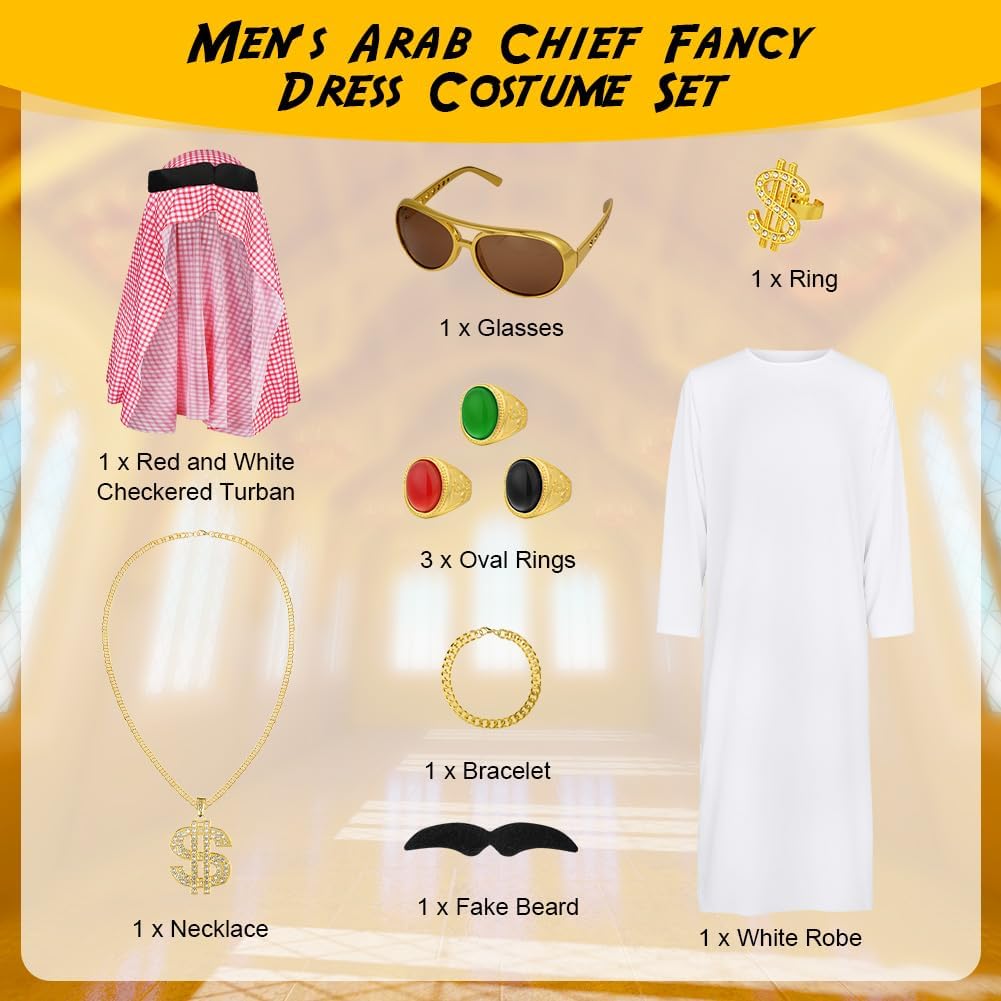 Thumbnail 3 de BSBUY Kostüm Arabischer Scheich Set für Herren – 10-teilig mit weißem Gewand, Karo-Tuch, Brille & Bart