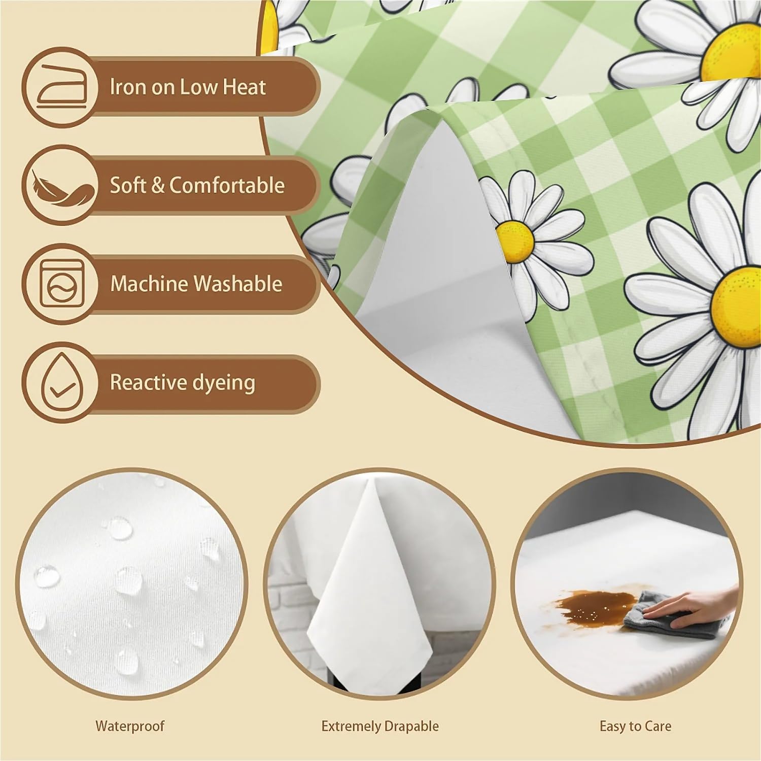 Thumbnail 2 de artslion Rectangle Waterproof 60x84in Wipeable Table Cover – Green Checkered Daisy Flowers (Non-PVC Fabric)