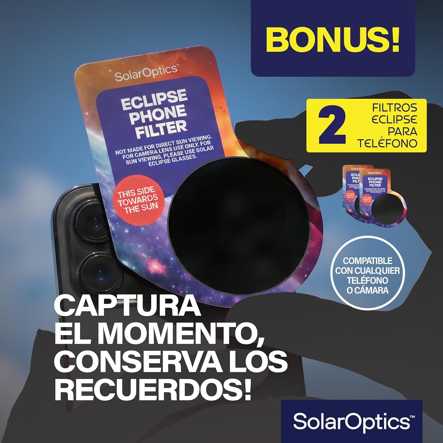 Detalle de Solar Optics: 5 Gafas Eclipse Solar con 2 Filtros para Móvil – Kit Completo para Ver y Fotografiar el Eclipse 2026