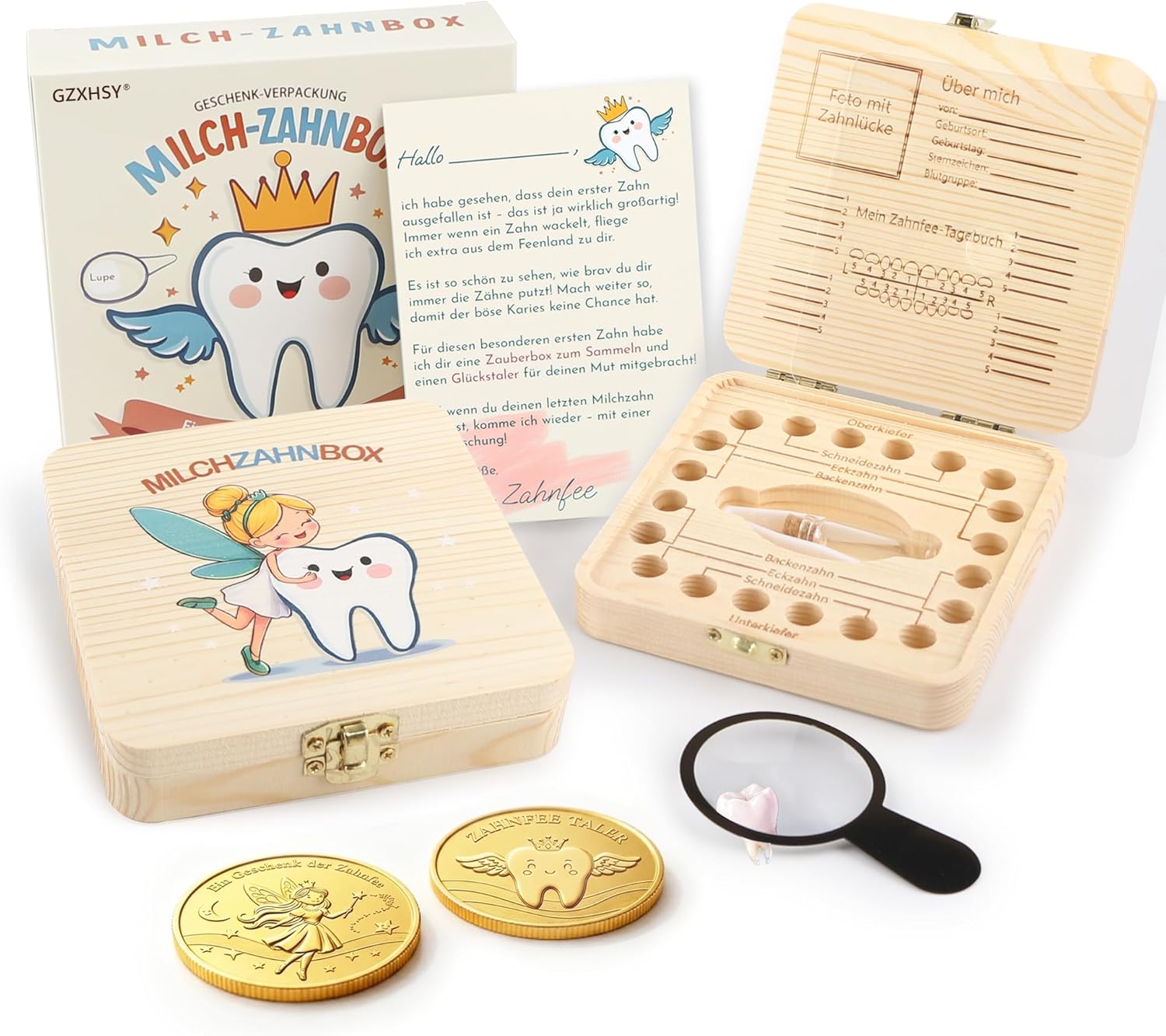 Gzxhsy Milchzahndose Zahnfee Geschenkset mit 2 Münzen, Lupe & Brief – zahnbox für Milchzähne