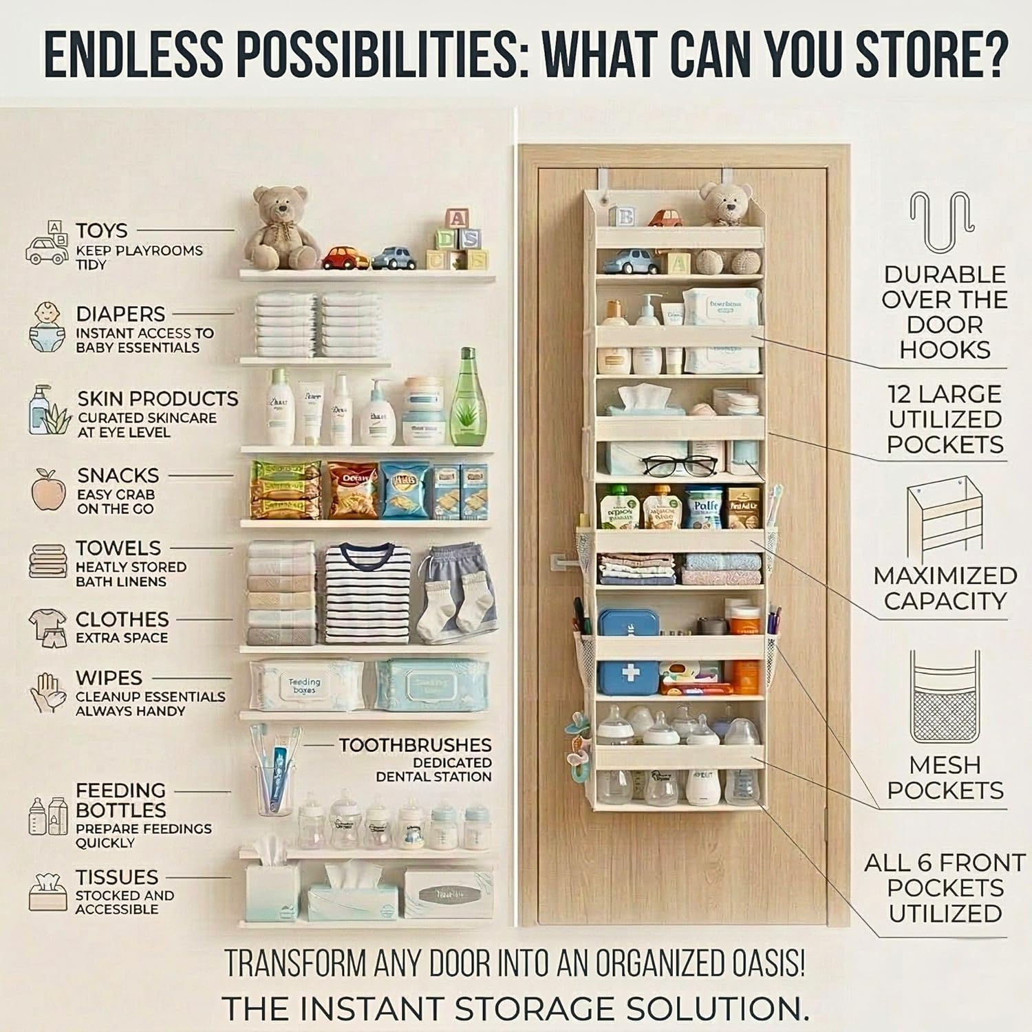 Thumbnail 6 de HOMELUX THEORY UPGRADED 6-Tier Over-the-Door Organizer (Ivory) with 12 Side Mesh Pockets