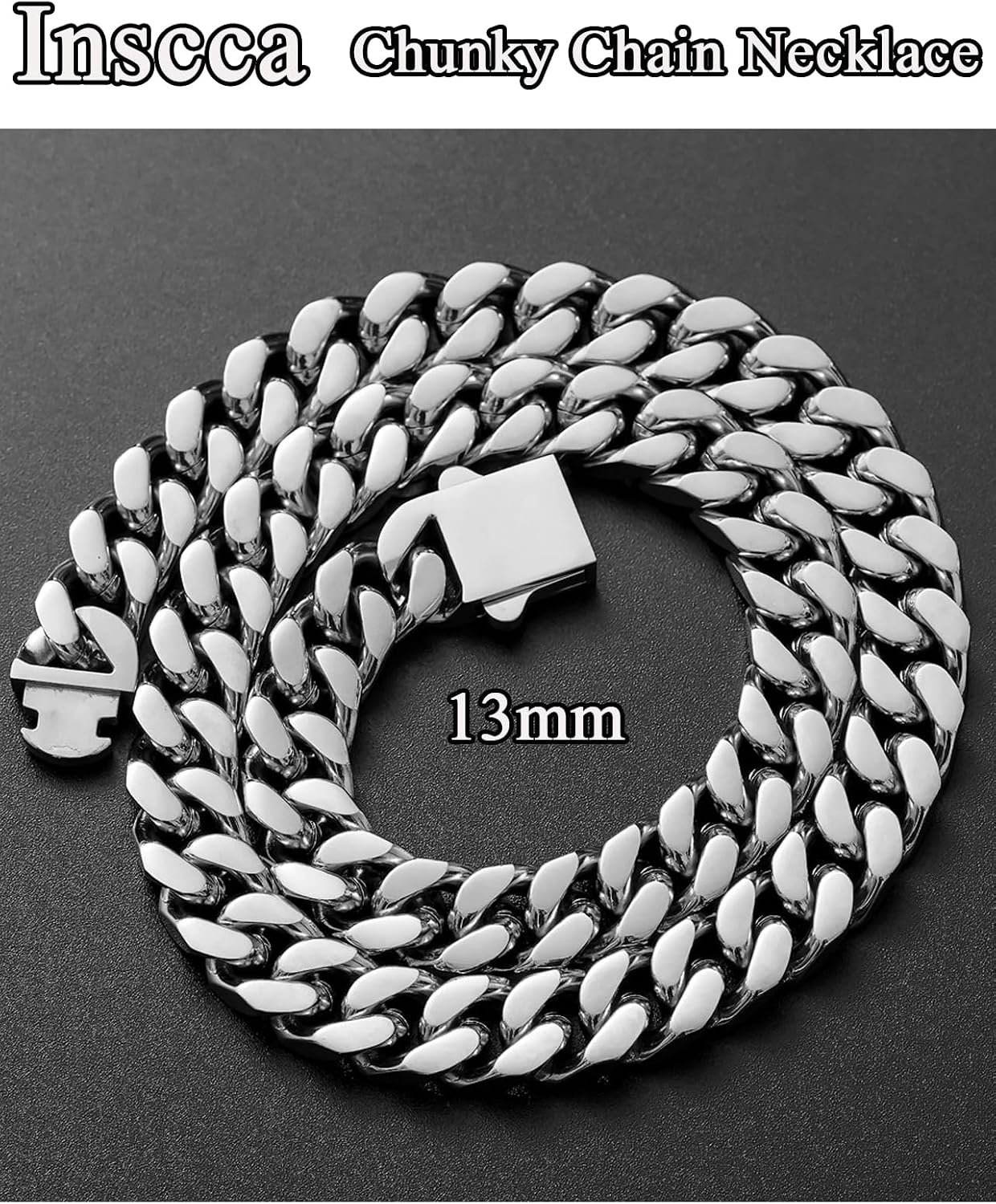 Detalle de Inscca Kette Herren Edelstahl Massiv – Kubanische Panzerkette 13 mm, 70 cm, 316L Chirurgenstahl