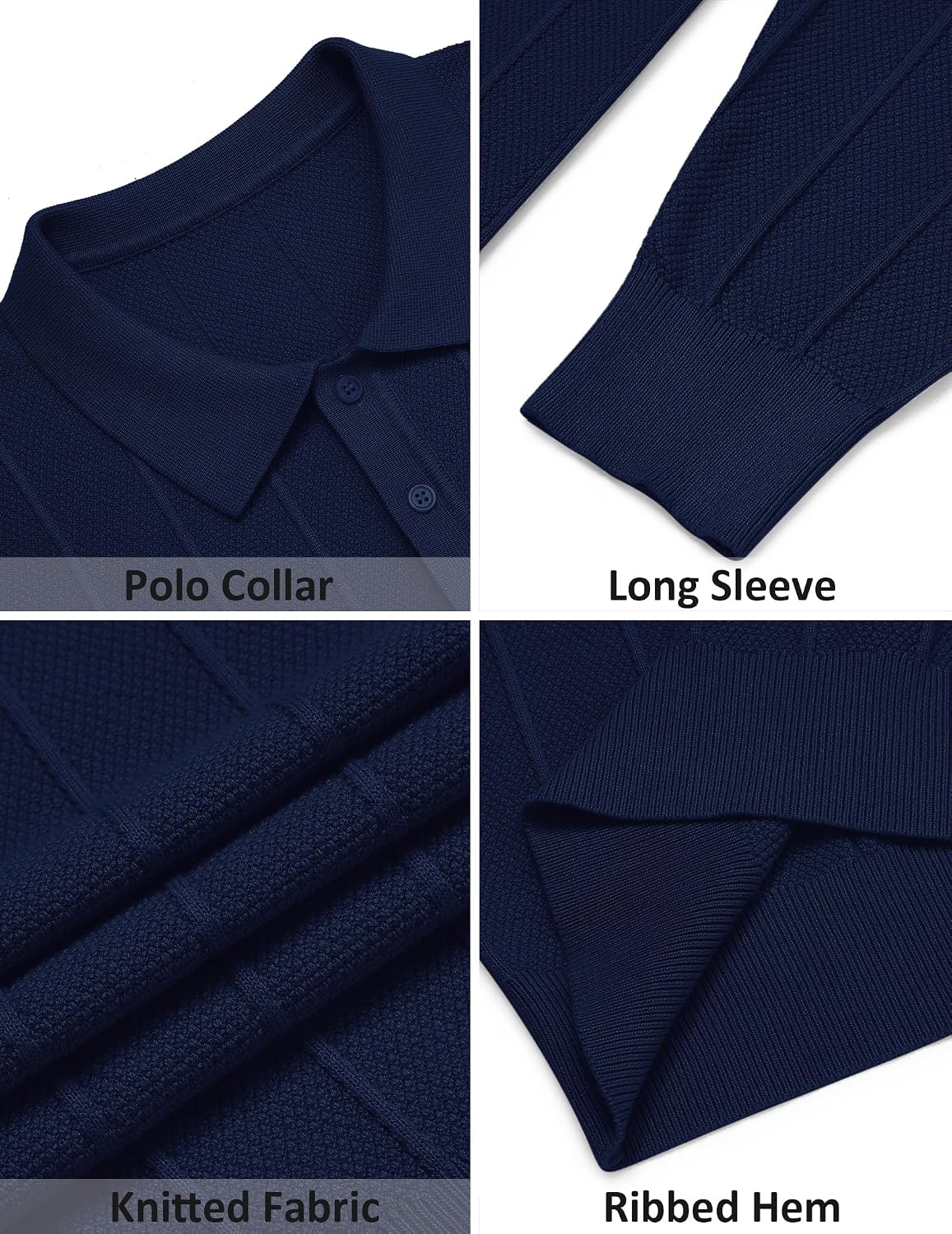 Detalle de COOFANDY Men's Knit Polo Sweater, Long Sleeve with 3-Button Collar