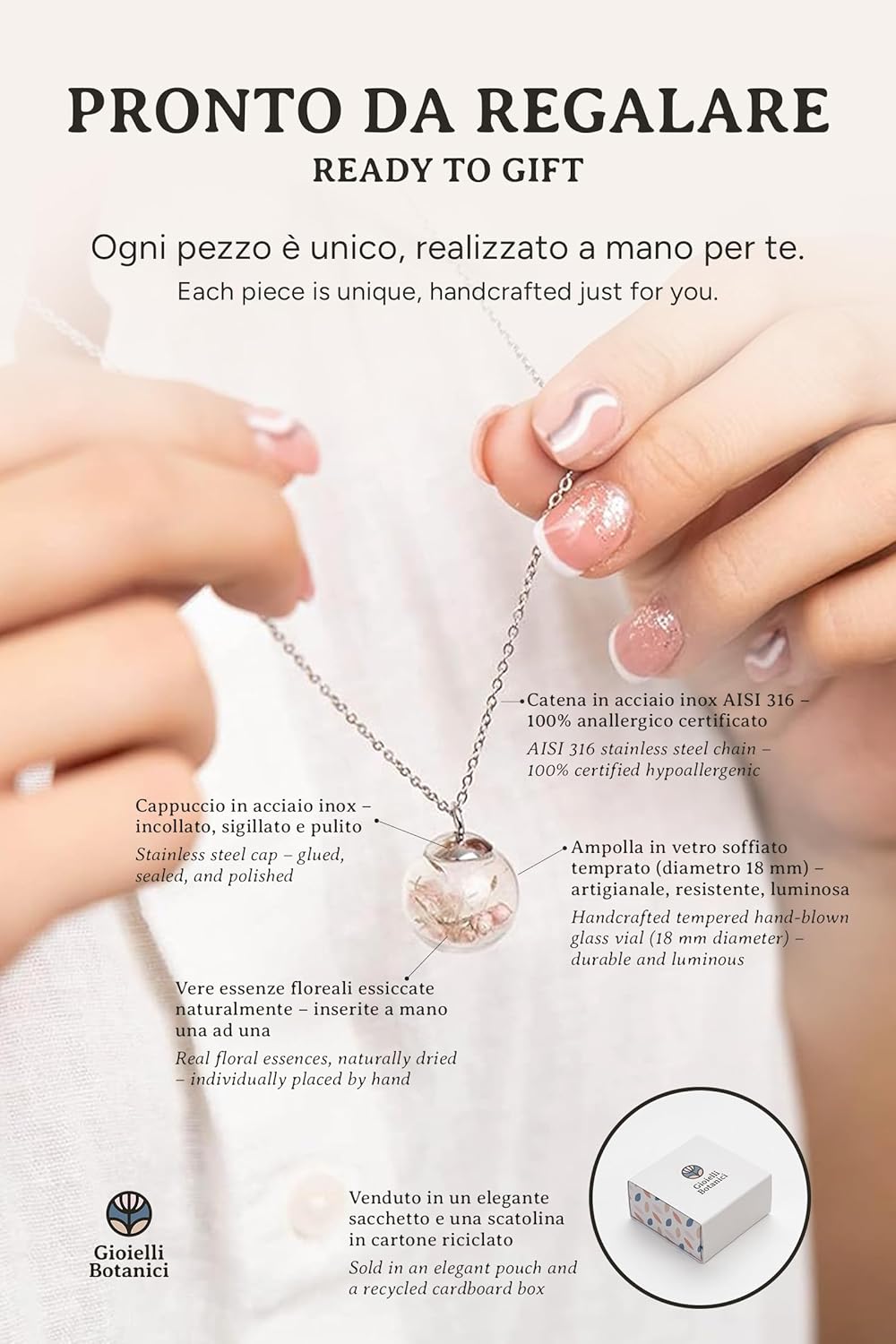 Thumbnail 6 de Gioielli Botanici Collana Hanami: ampolla in vetro con Fiori Naturali di Ciliegio Giapponese in acciaio inox