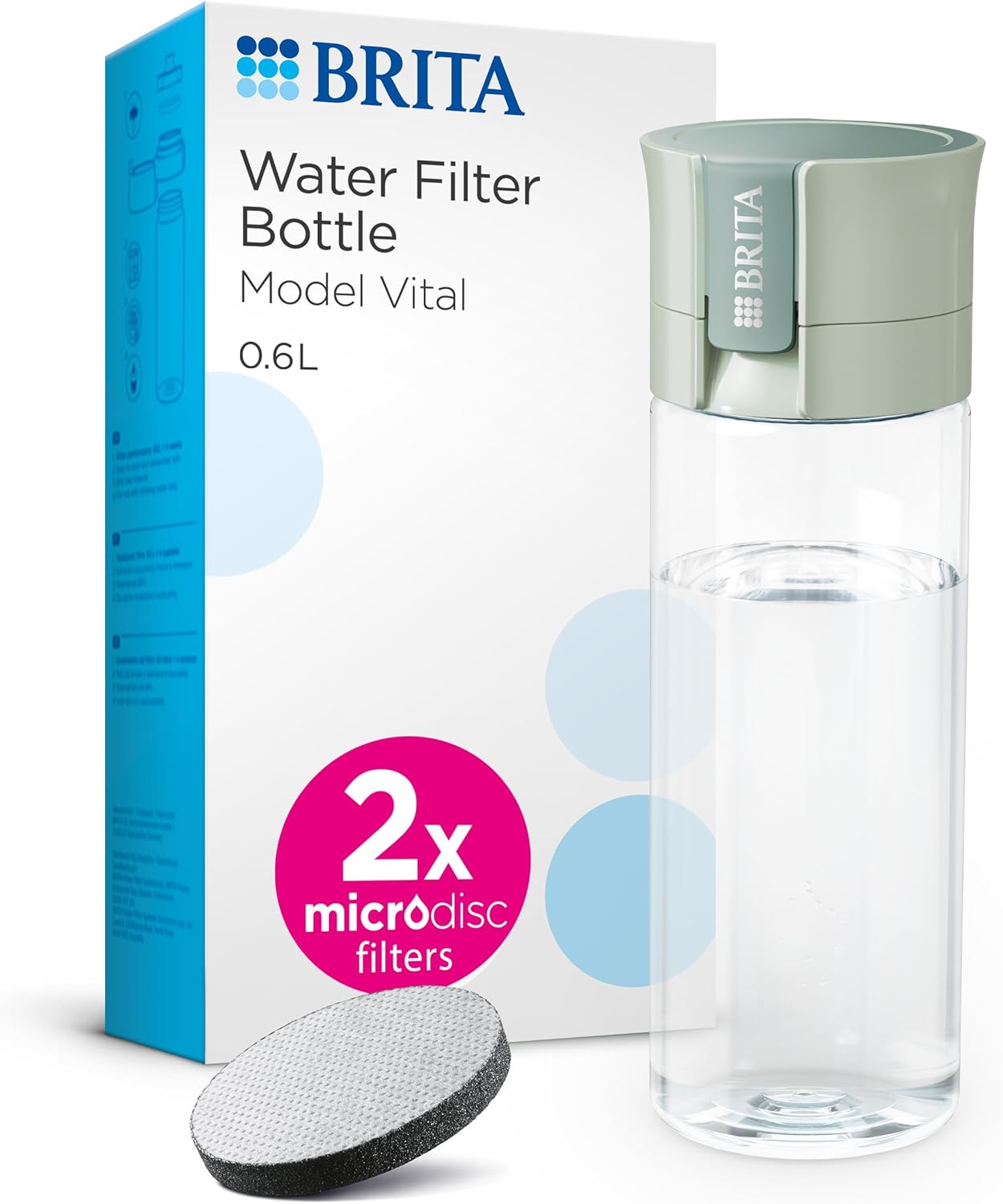BRITA Water Filter Bottle Light Green (600ml) with 2x MicroDisc Filters