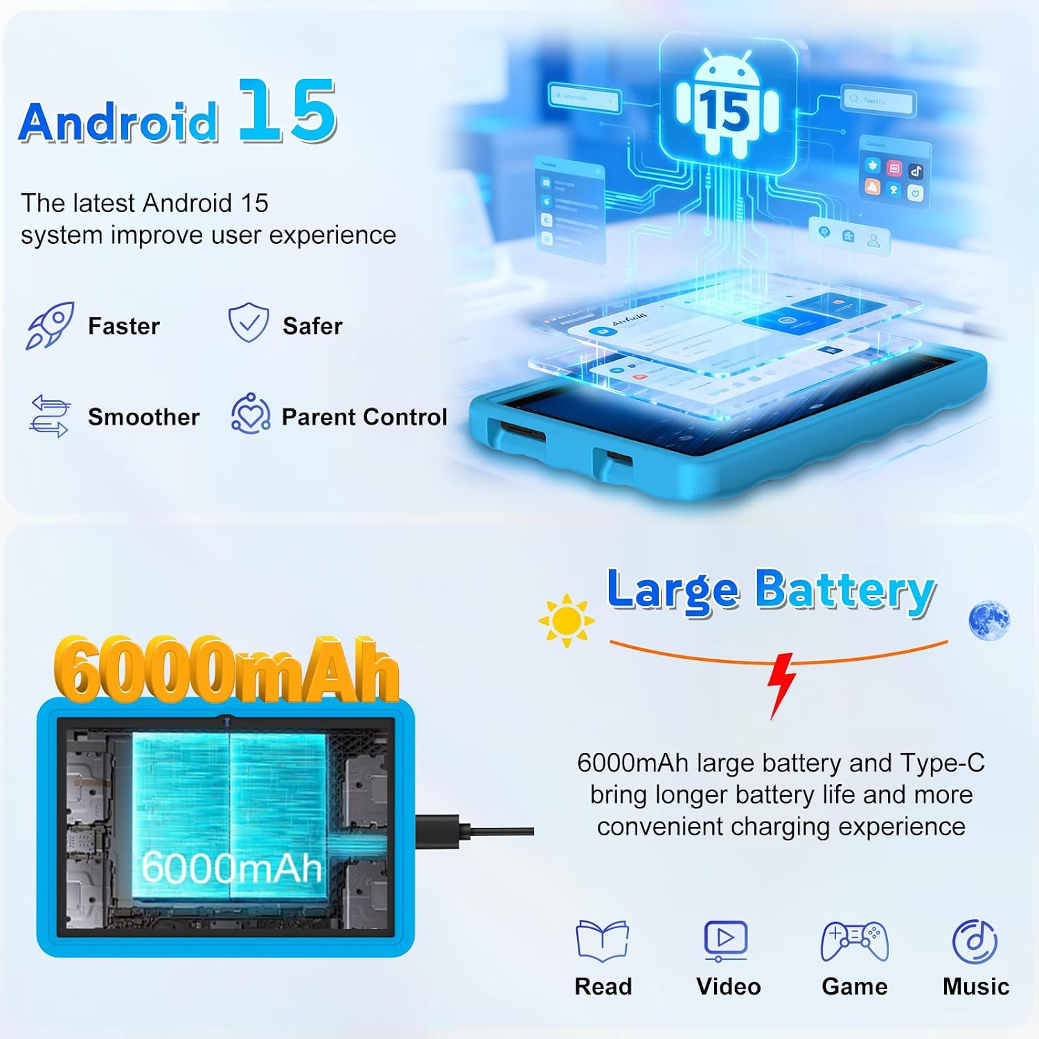 Detalle de DMOAO Kinder Tablet 10 Zoll mit Android 15, 30 GB RAM, 64 GB ROM, 2 TB Erweiterung, 5G WLAN, 6000 mAh – Blau
