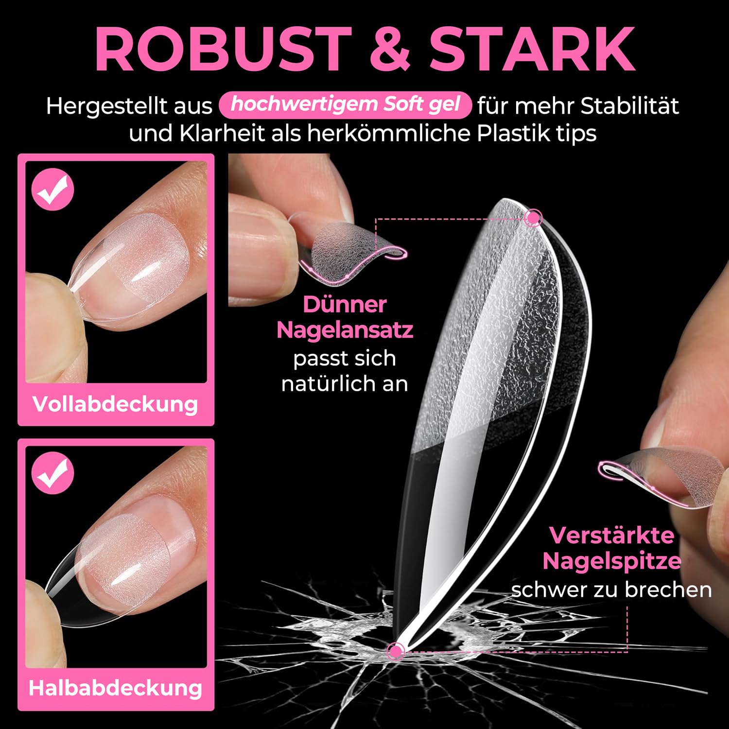 Detalle de UNA GELLA kurze Mandel Nageltips für Gelnägel – 216 Stück in 12 Größen (Soft Gel, Press-on Full Cover)