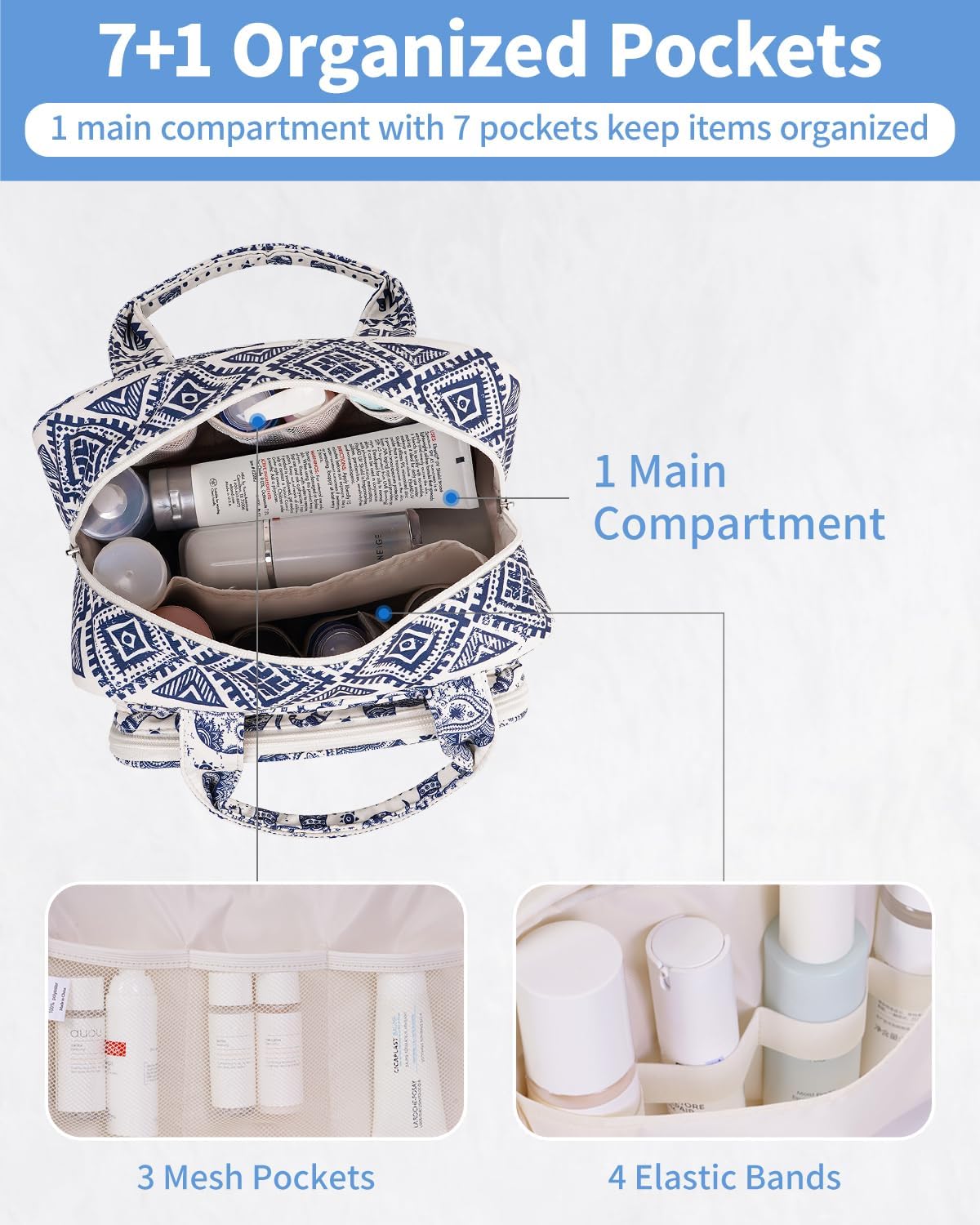 Detalle de Narwey Full Size Toiletry Bag (Large) – Elephant travel wash bag with mesh pockets and waterproof section