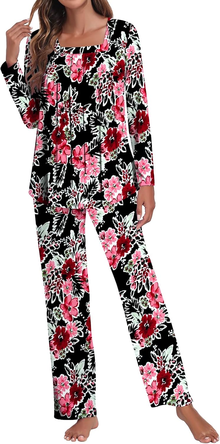 Detalle de Tencede Women's Pajama Set with Square Neck, Long Sleeves and Pockets