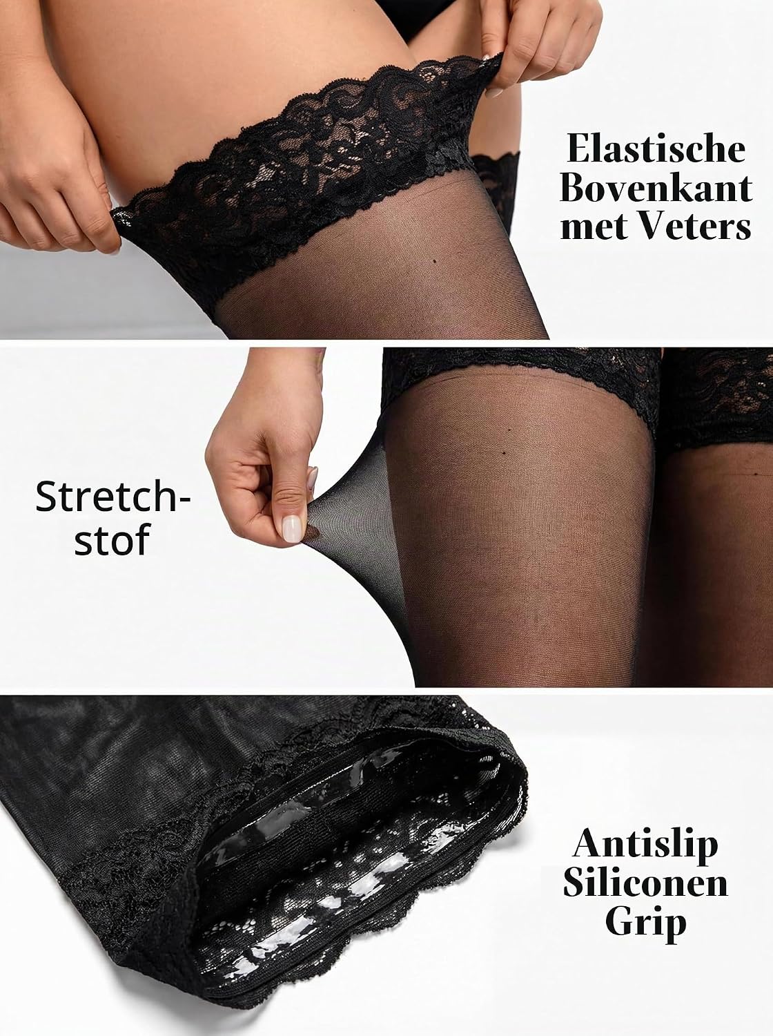 Detalle 2 de Eagerlove Plus Size dameshold-ups met kanten boord, siliconen stay-up en glans