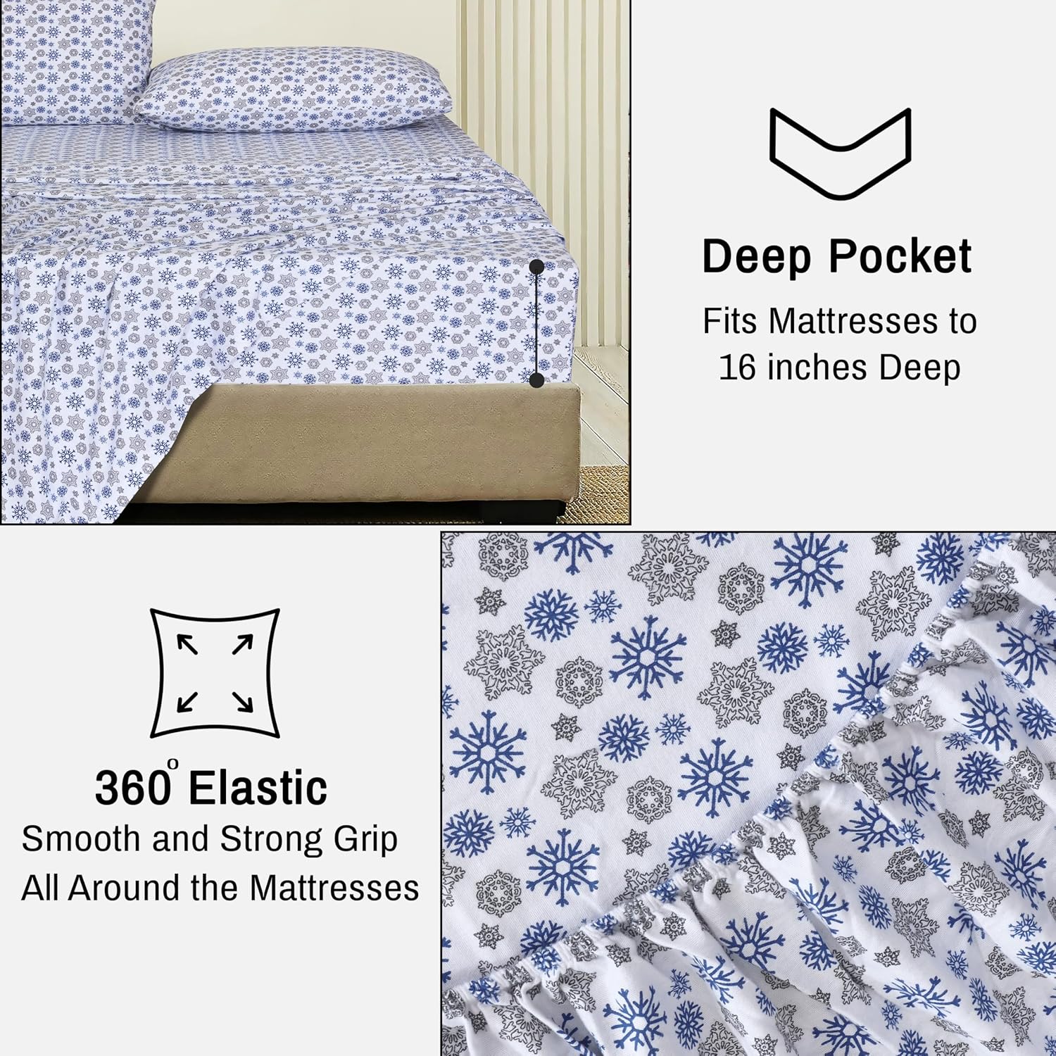 Detalle 1 de RUVANTI 6T-613L-DYLH Full Flannel Sheet Set, 100% Cotton, Snow Flake Grey