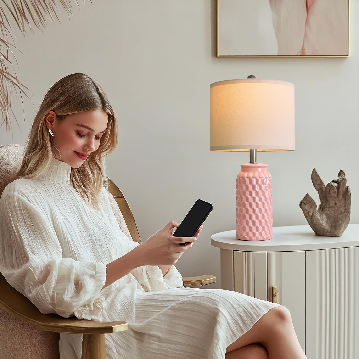 Detalle de USumkky 1092 Pink Ceramic Table Lamps, Set of 2, 20.5-Inch with Linen Shades
