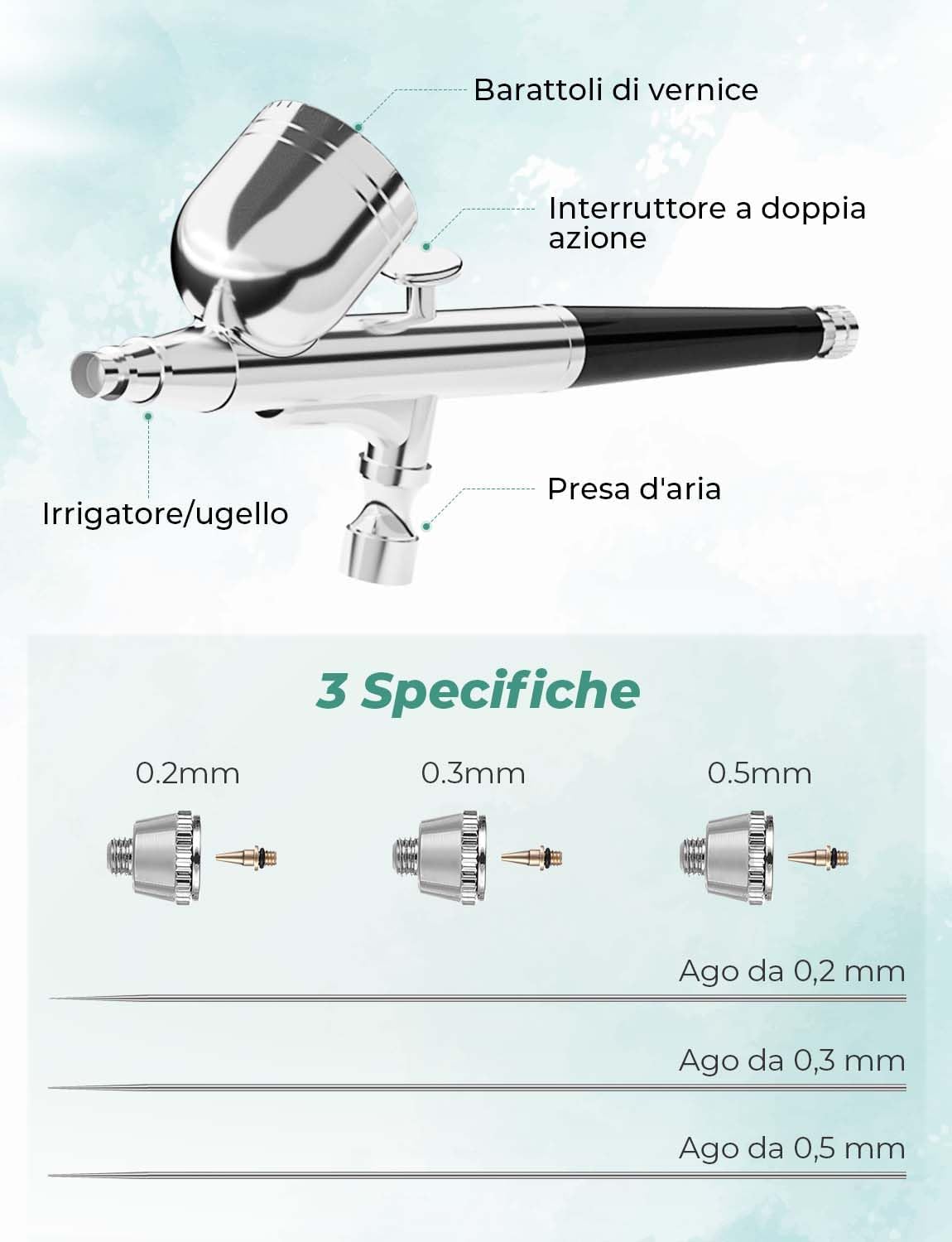 Detalle de Oasser Mini Kit Aerografo: Pistola a Spruzzo Doppia Azione con Compressore 2–36 PSI – 0,2/0,3/0,5 mm