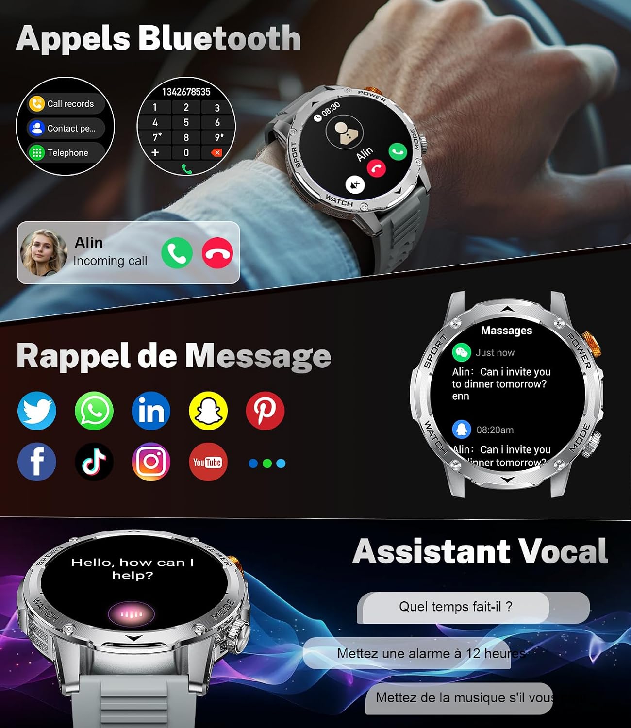 Thumbnail 3 de LIGE EF12-B smartwatch voor heren met 1,75-inch HD-scherm en zaklamp