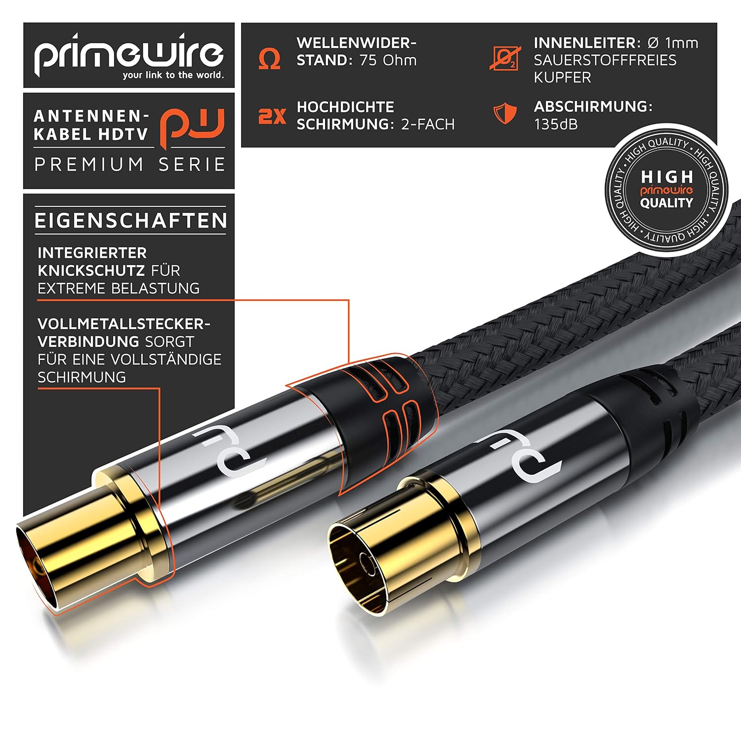 Detalle 2 de CSL-Computer Primewire Premium antennkabel, 2 m, textilöverdrag, 135 dB