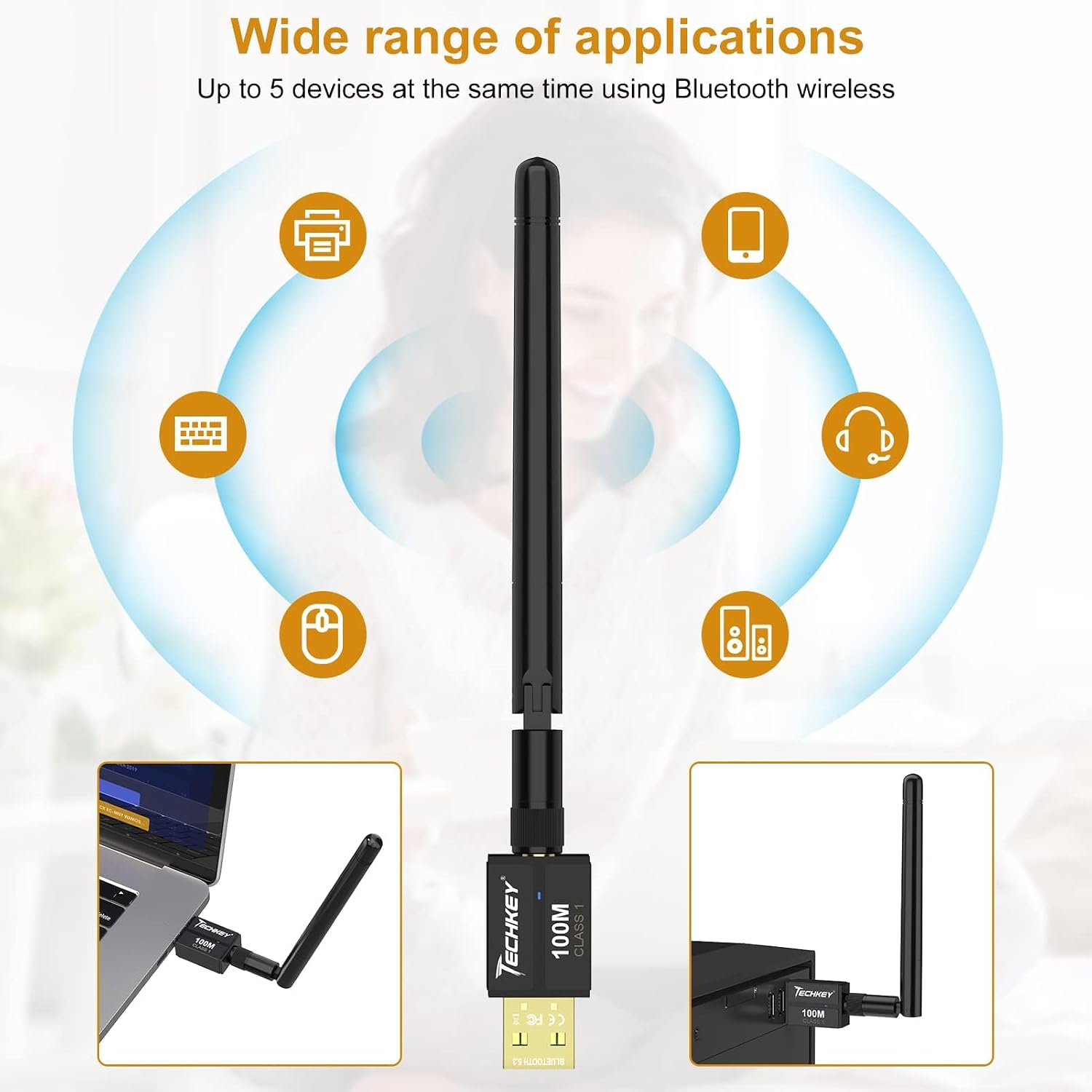Detalle de Techkey Black-5.3-1 USB Bluetooth 5.3 Adapter, Class 1, 300 ft Range