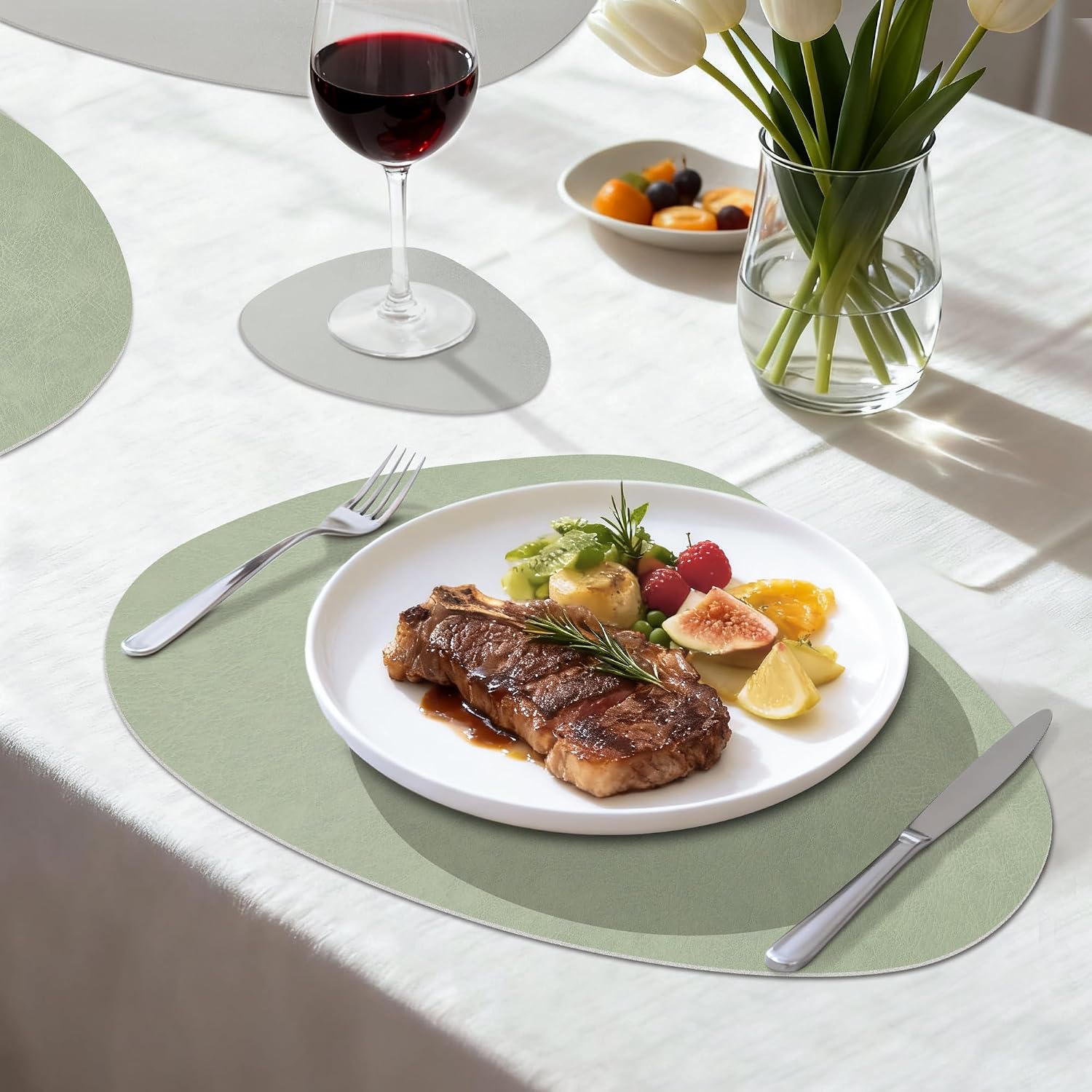 Detalle de KitchenBoss Set de Table Lavable et Dessous de Table Double Face – Vert Gris (6× 40x30 cm) + 6 Sous-verres
